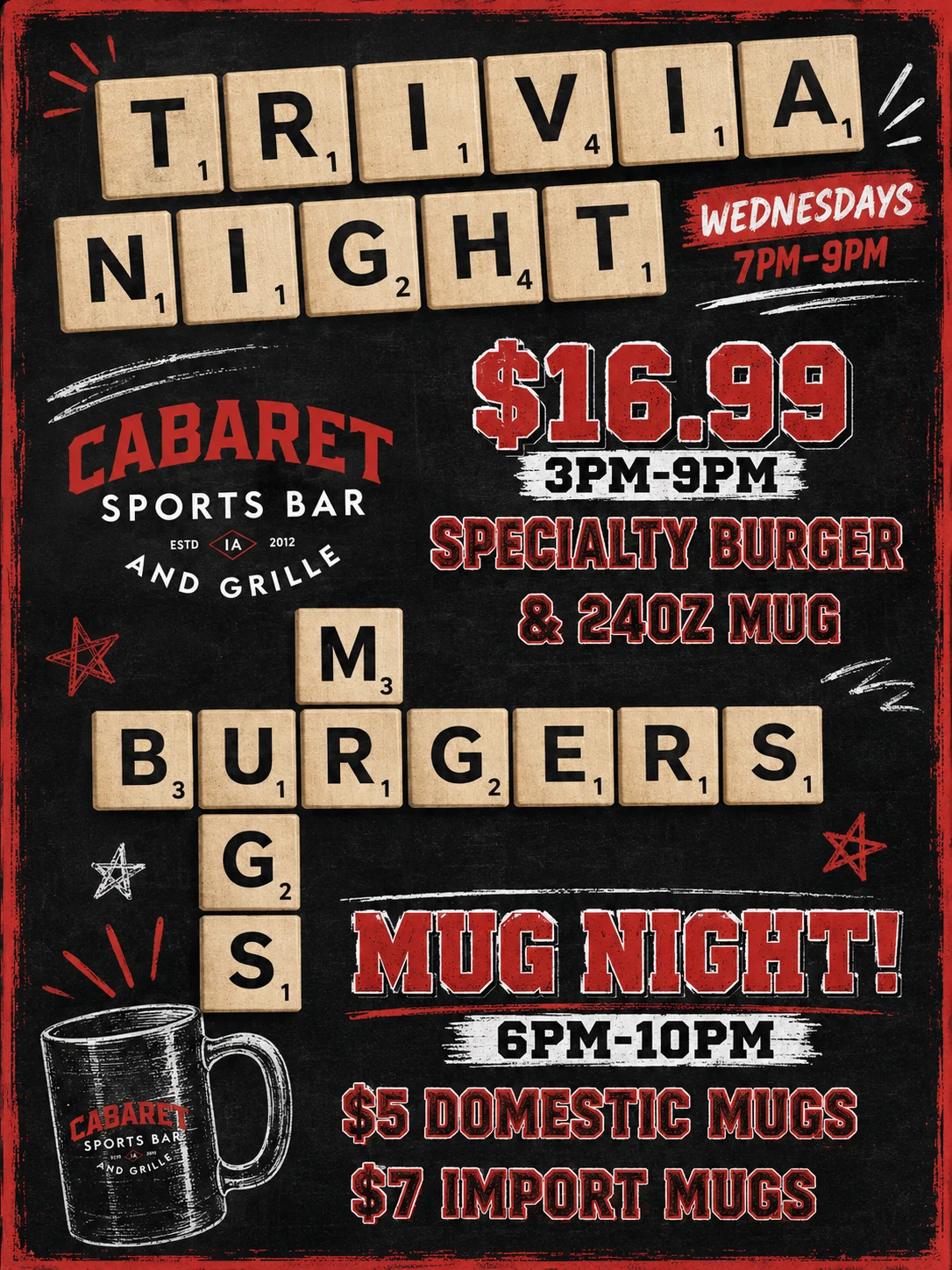 Trivia Night poster with burger and mug specials at Cabaret Sports Bar.
