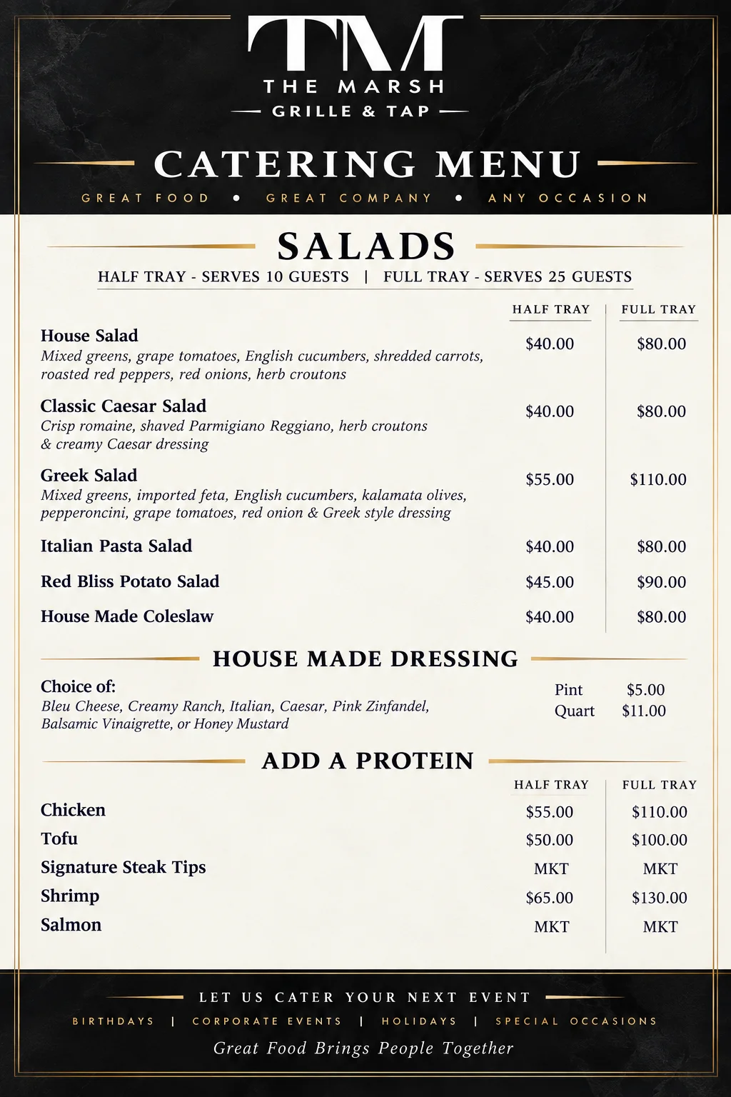 Catering menu featuring a variety of salads for events and gatherings