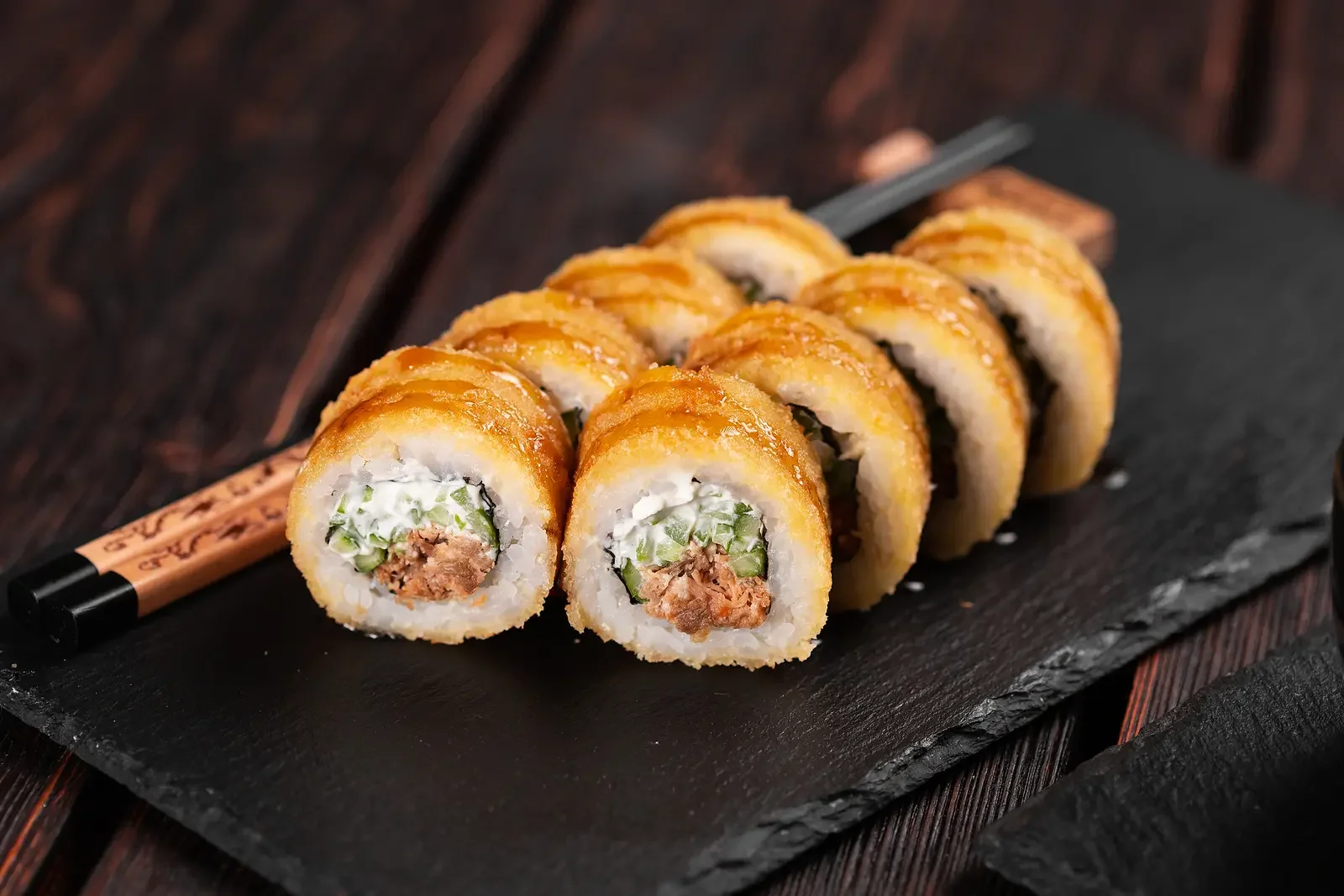 Crispy Japanese sushi rolls with savory filling