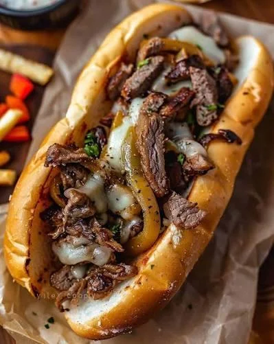 A loaded sandwich featuring slices of beef, melted cheese, and sautéed peppers, served in a toasted roll.