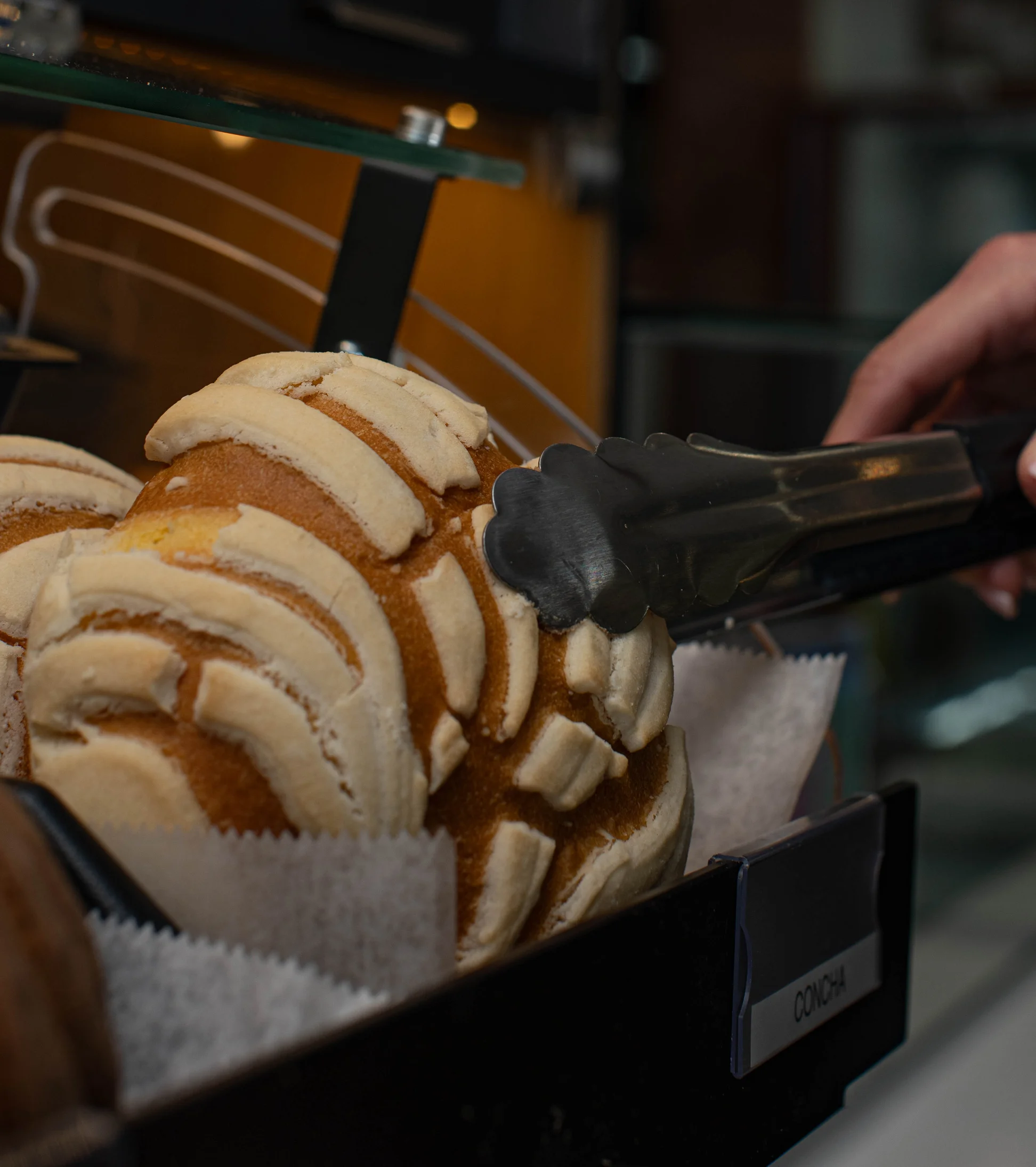 A hand using tongs to pick up a concha bread from a display case.