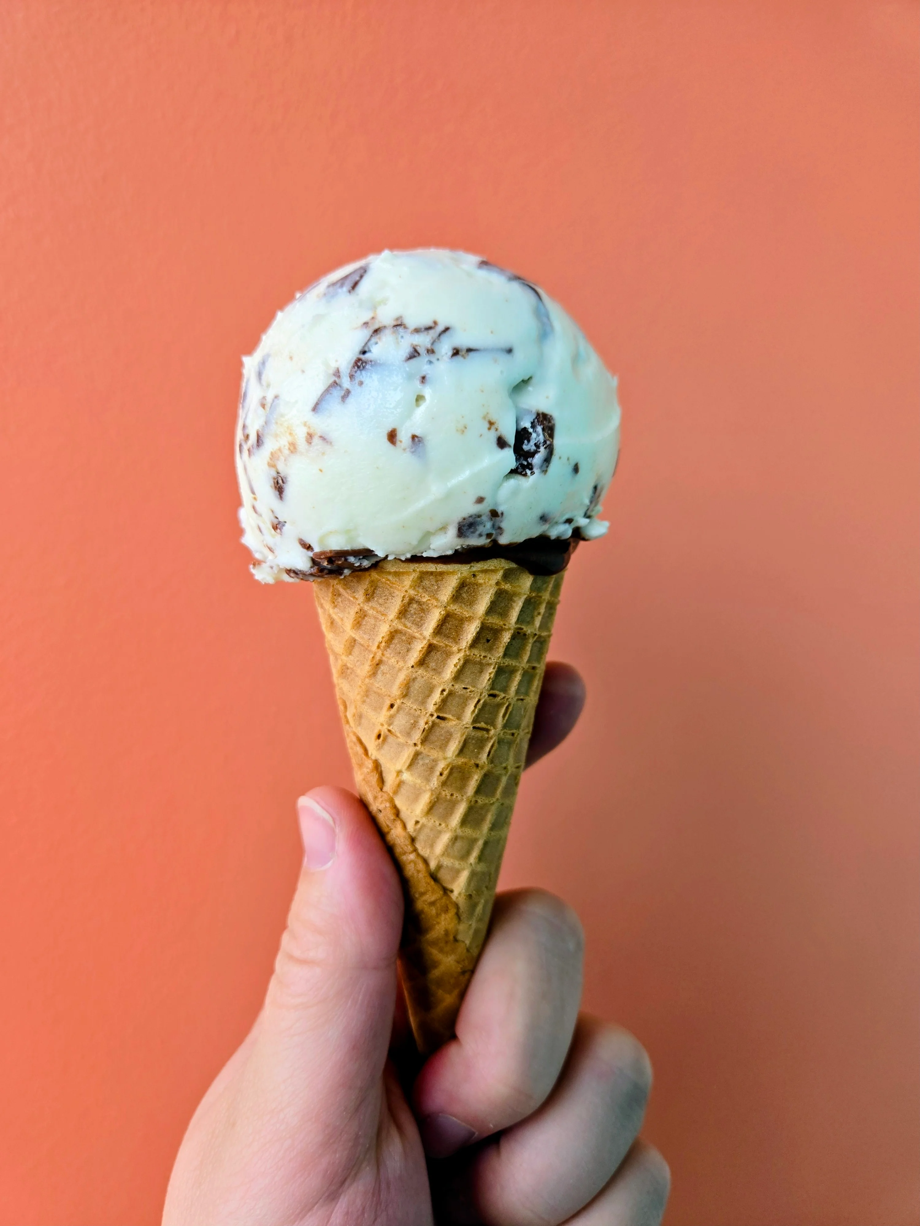 Scoop of mint chocolate chip ice cream in a waffle cone