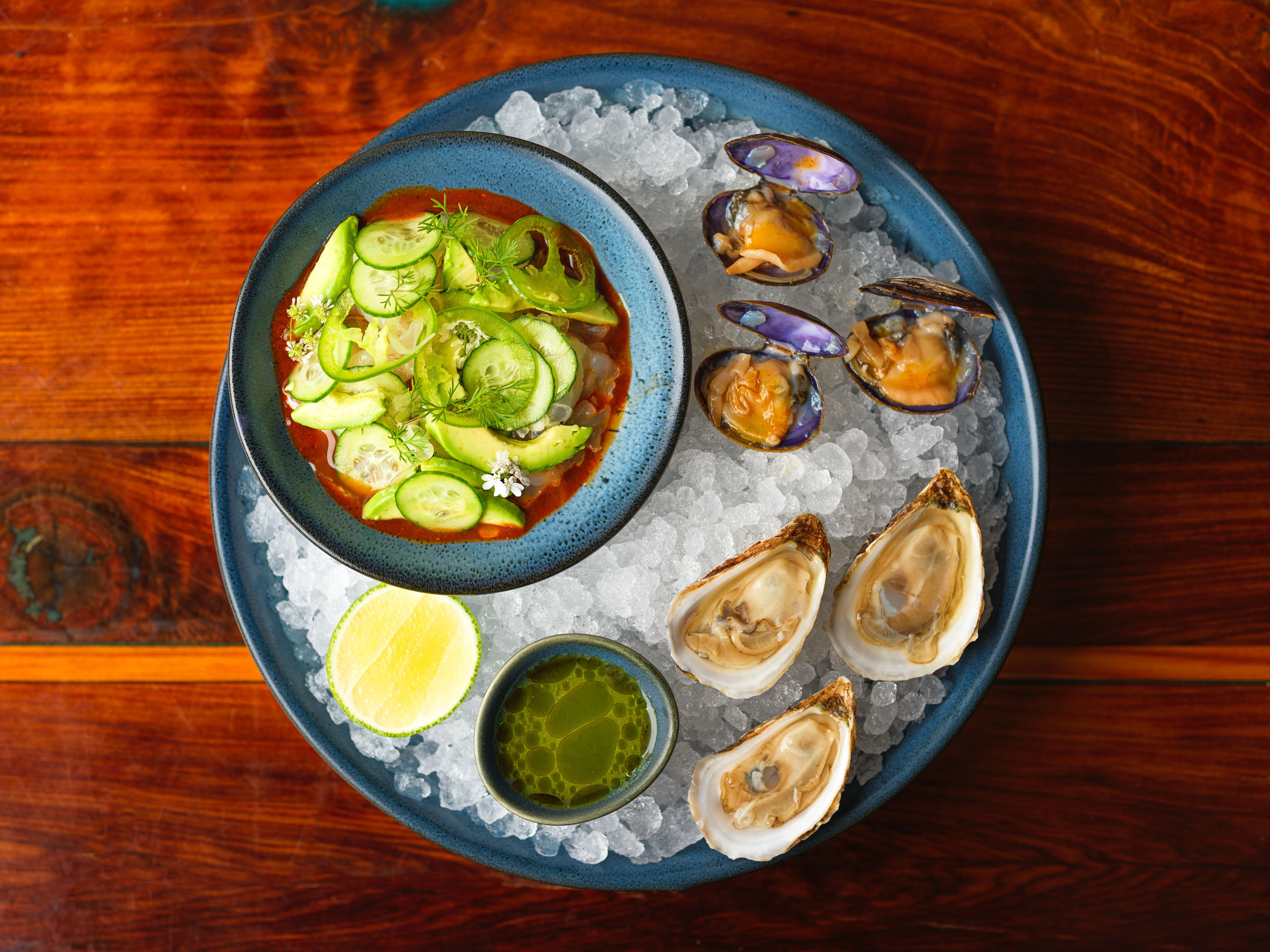 Fresh seafood platter with ceviche and oysters