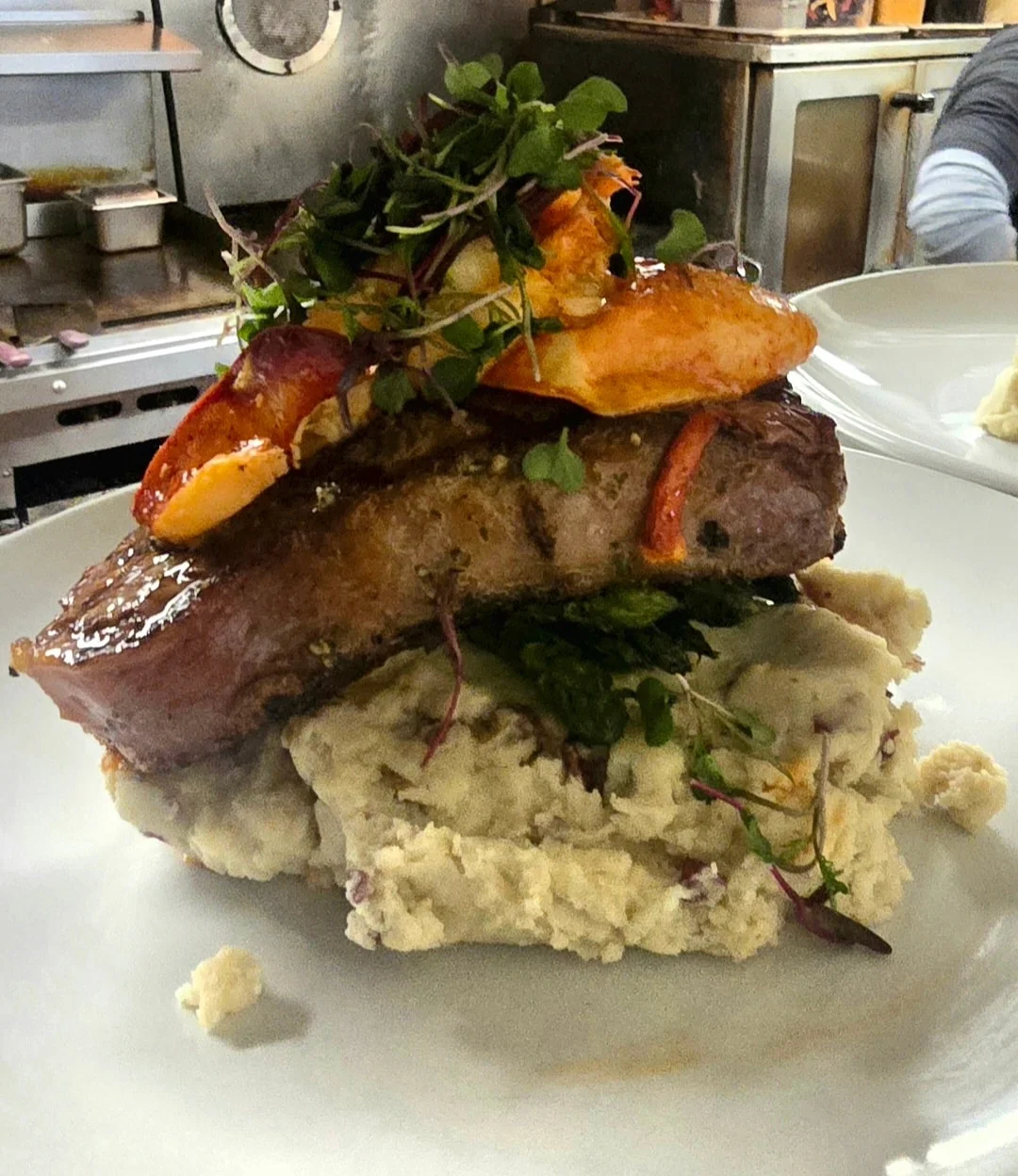 Grilled steak with lobster and mashed potatoes