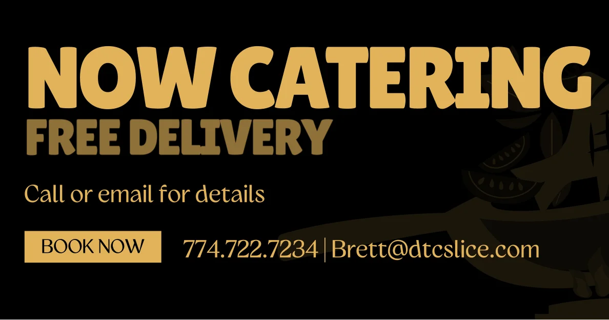 Catering advertisement with free delivery details and contact information.