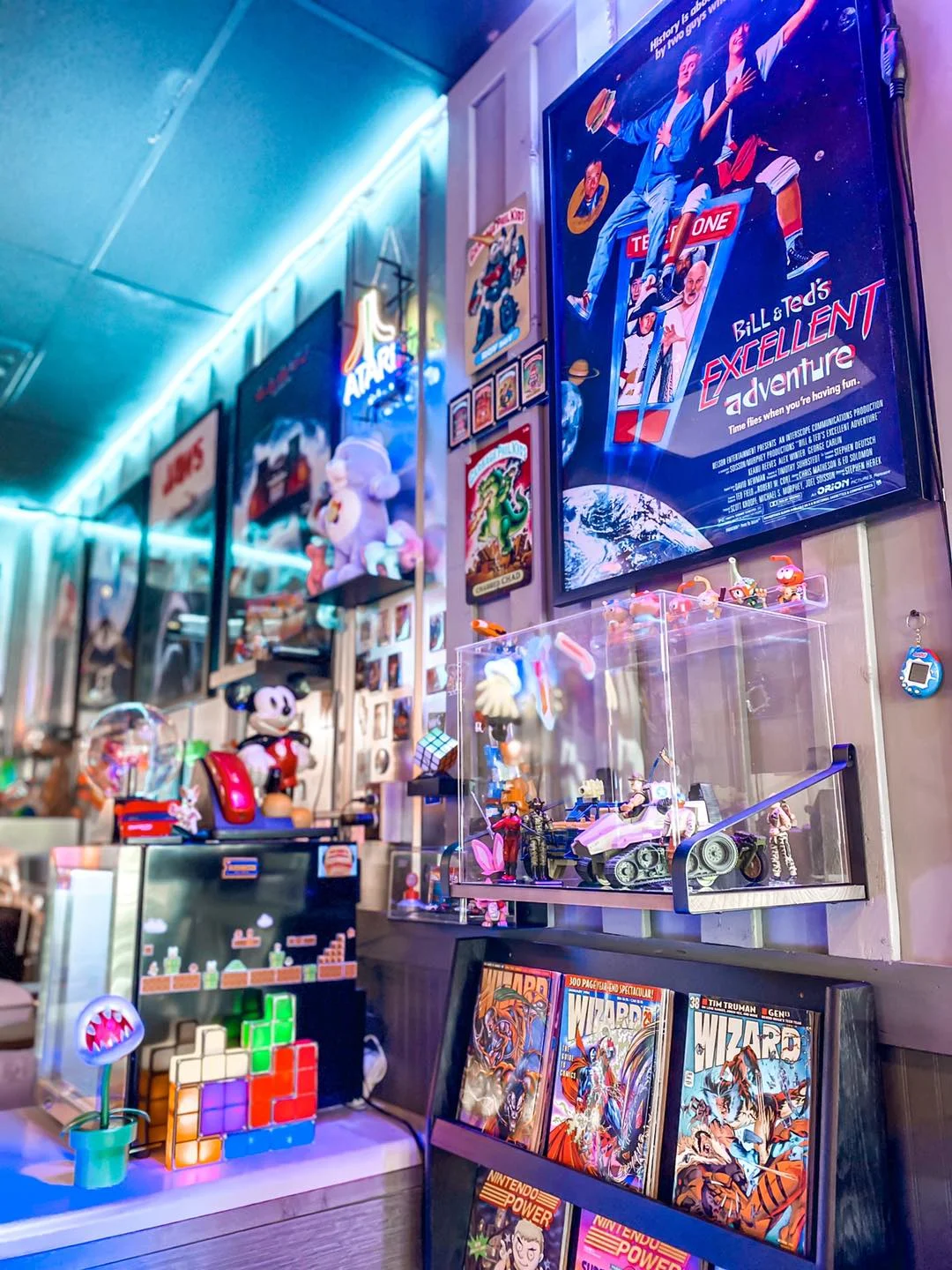 Colorful retro-themed restaurant decor with vintage collectibles