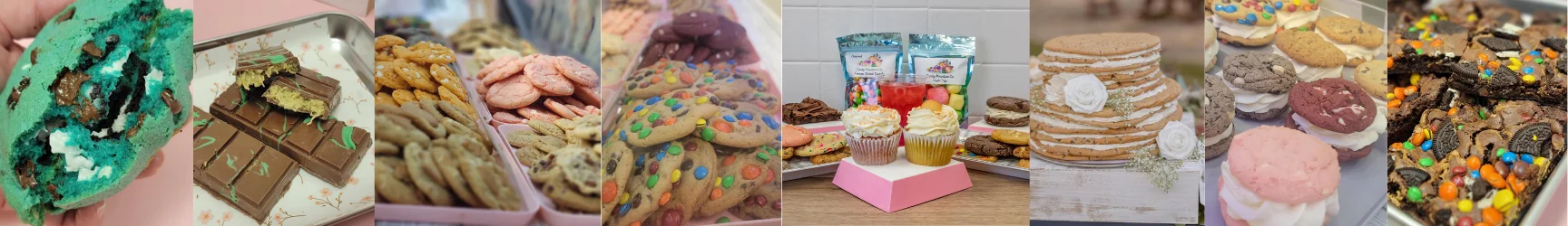 A collage banner of desserts including stuffed cookies, chocolate bars, assorted cookies, M&M cookies, cupcakes, a cookie cake, cookie sandwiches, and brownies.