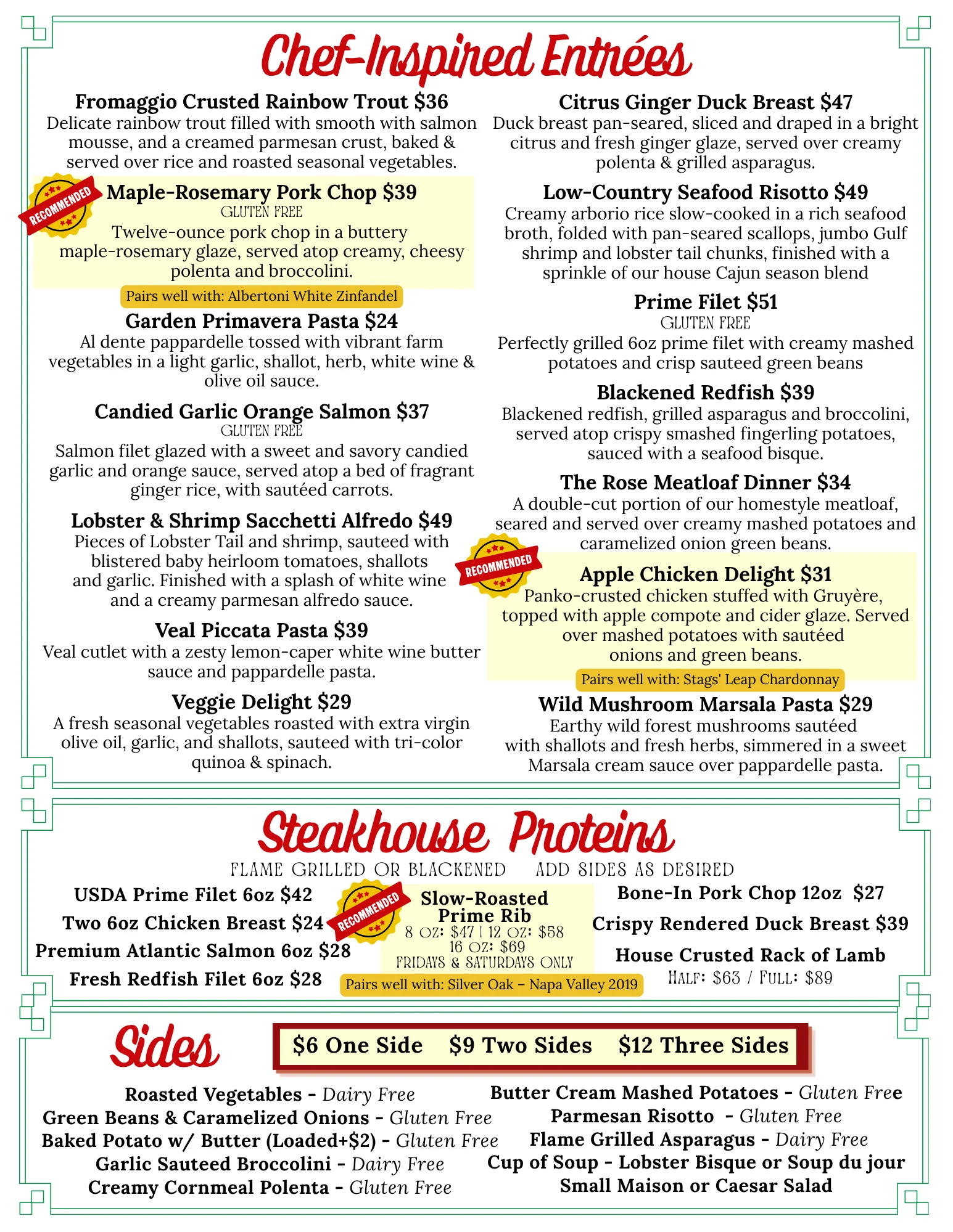 Curated menu featuring gourmet entrees and pasta dishes