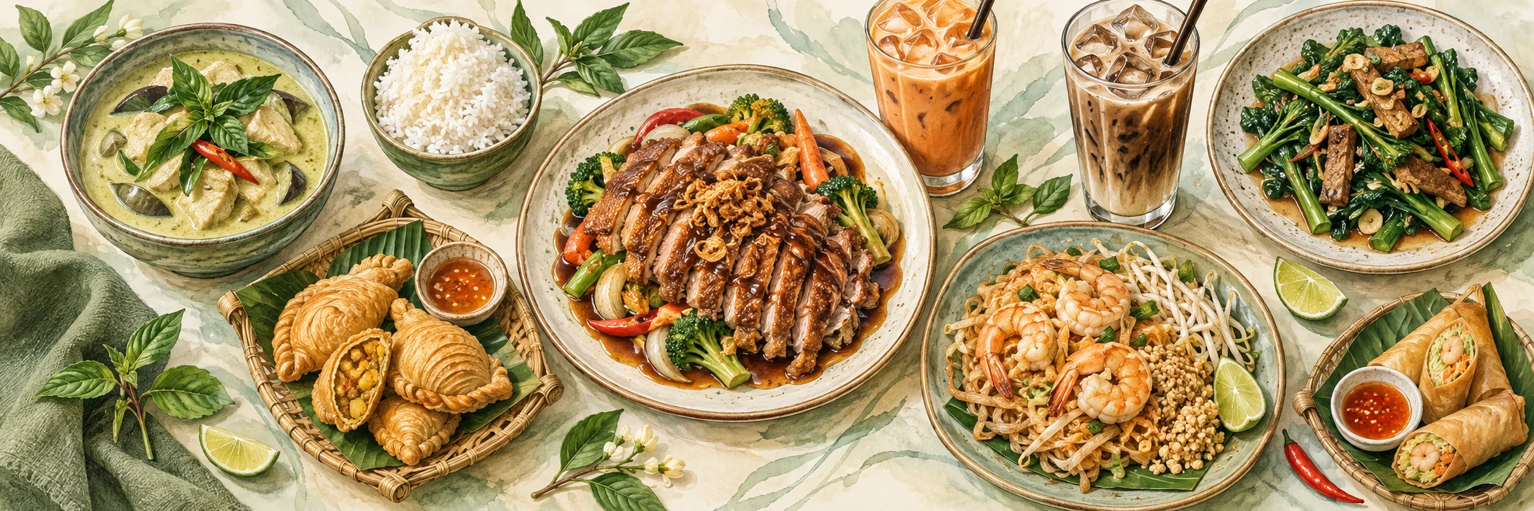 A selection of SOD Thai Kitchen dishes, including Duck Tamarind, green curry, shrimp Pad Thai, vegan Chinese broccoli, curry puffs, shrimp rolls, Thai tea, and Thai coffee