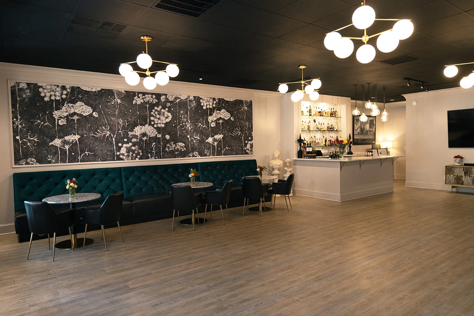Stylish restaurant interior with modern decor and bar