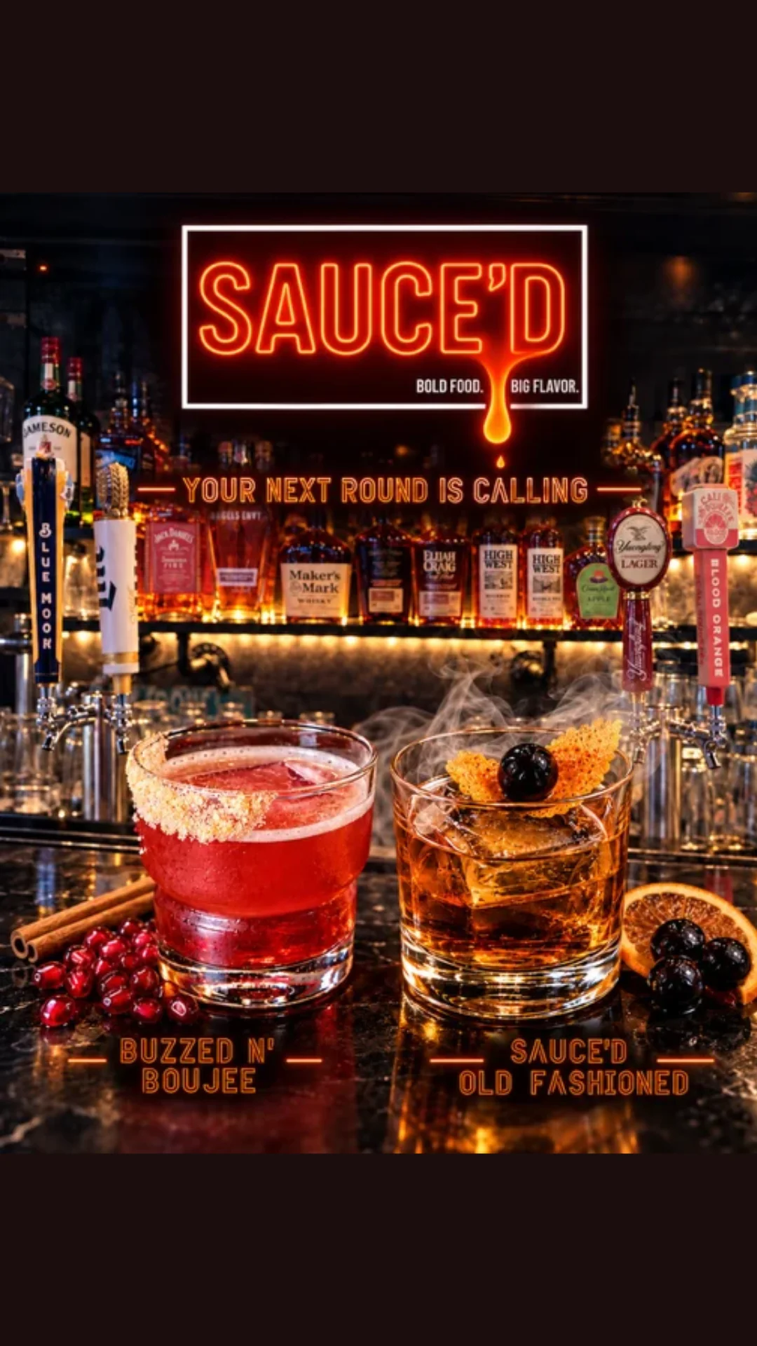 Two cocktails on a bar counter with vibrant colors and garnishes