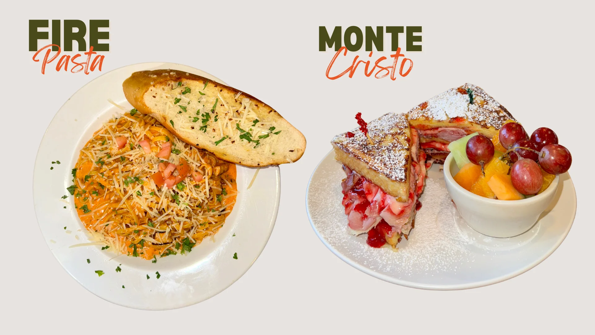 Italian fire pasta with garlic bread and French Monte Cristo sandwich