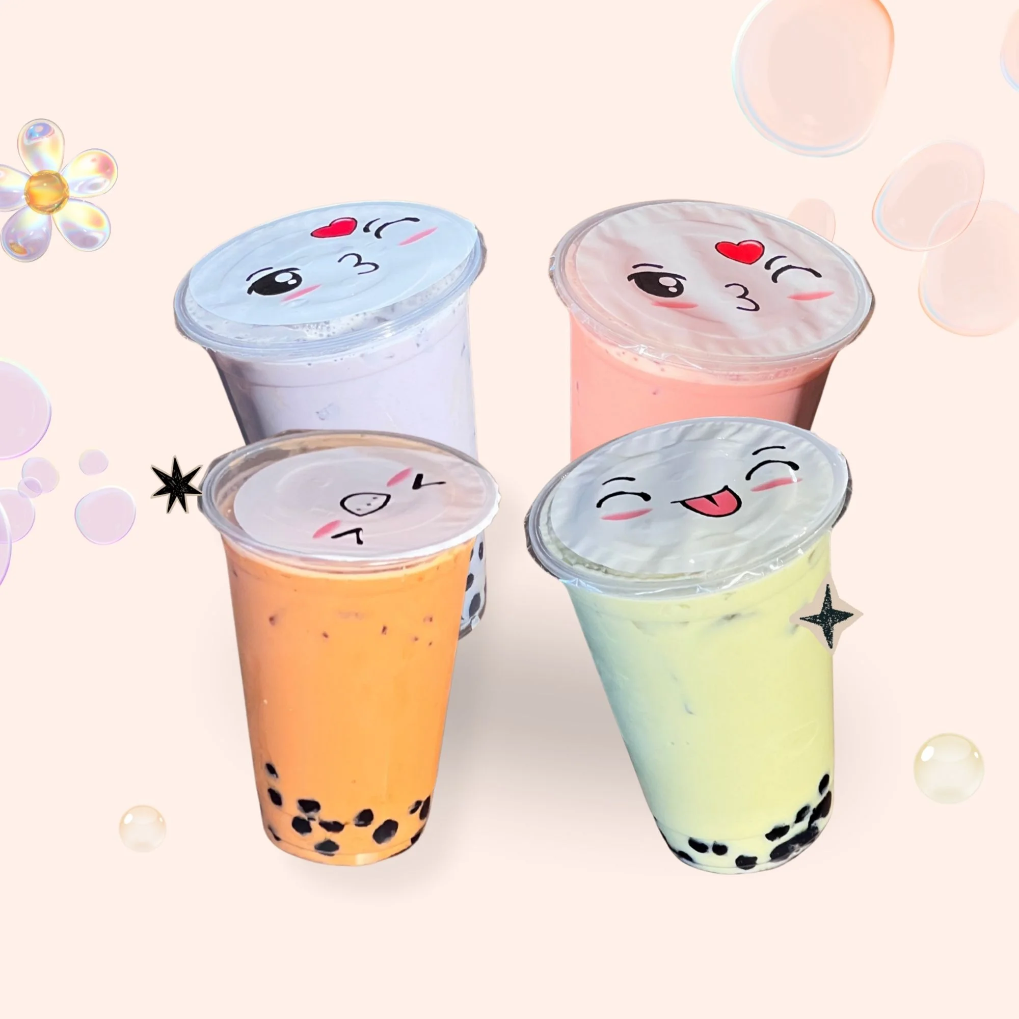 Colorful bubble tea drinks with cute faces