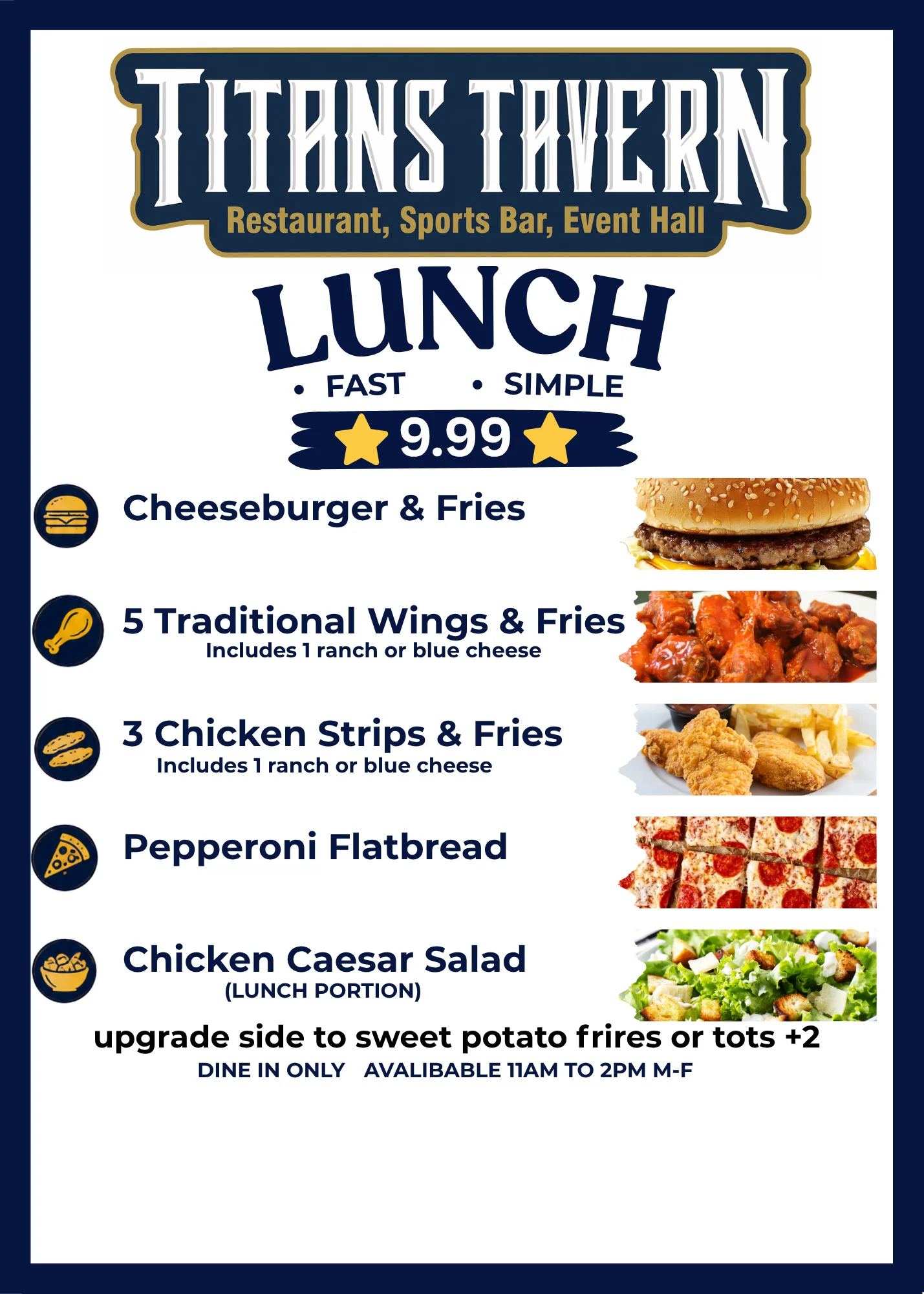 Lunch menu at Titans Tavern featuring various dishes for $9.99.