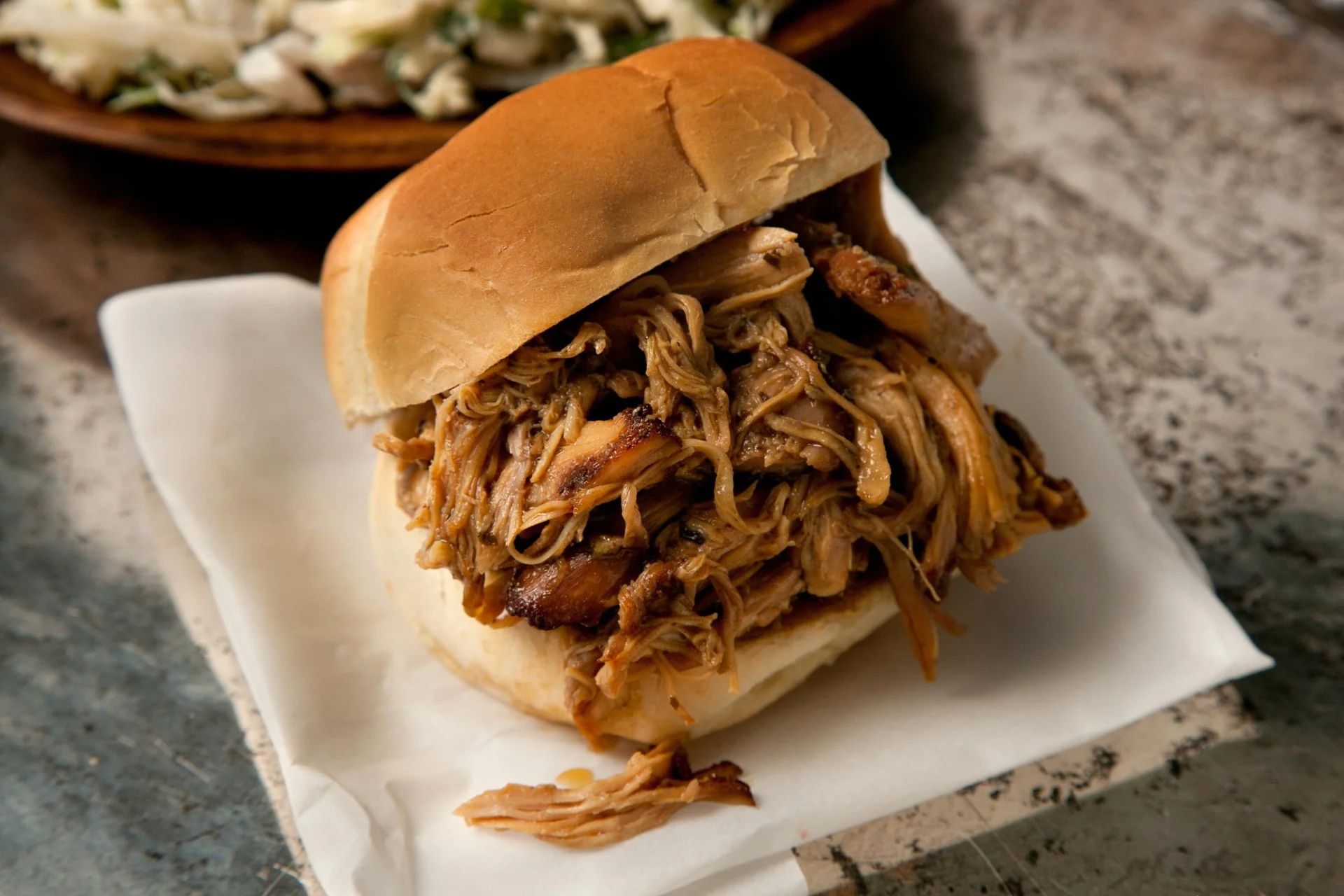 Pulled pork sandwich on a soft bun