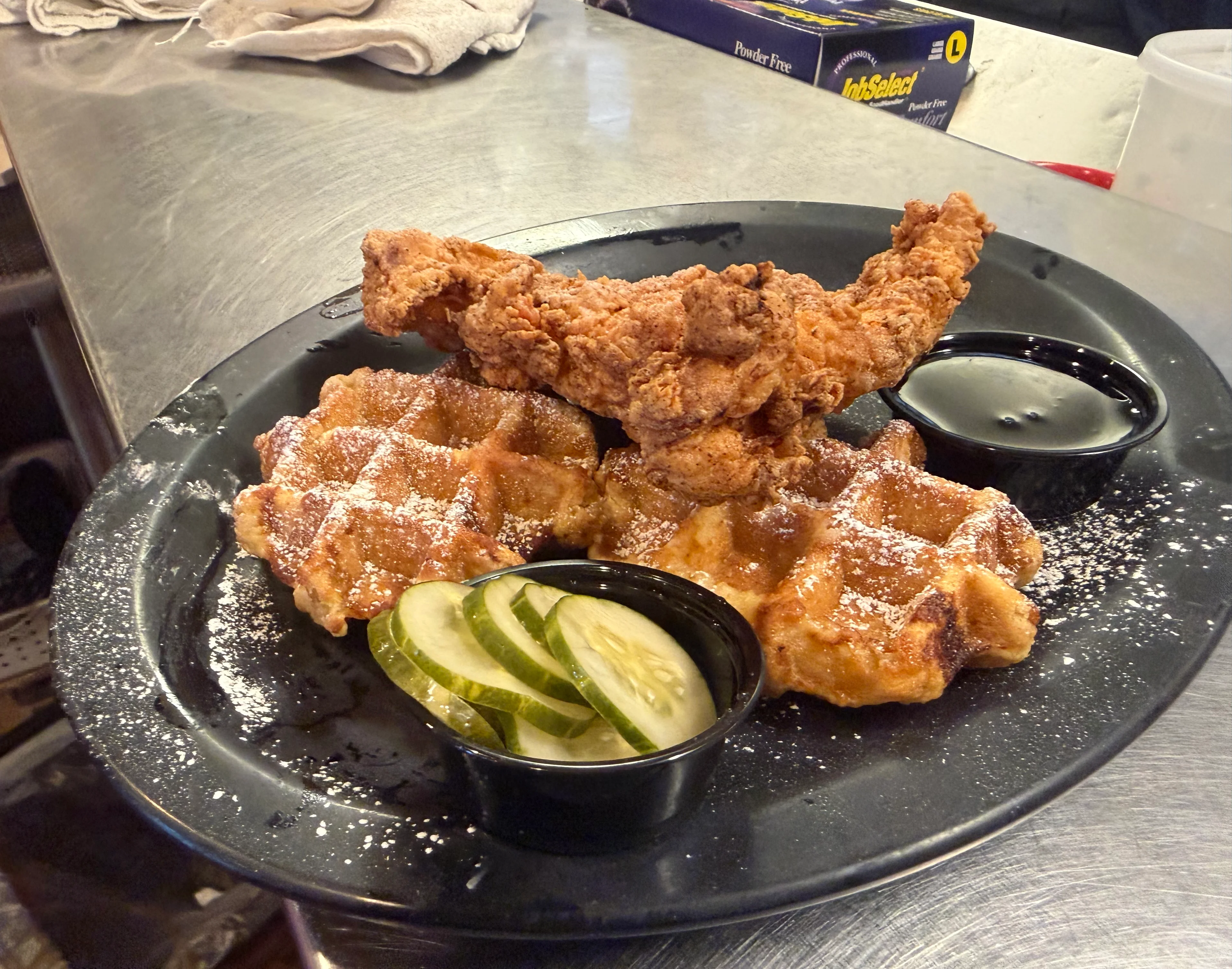 Restoration Brew Worx chicken and waffles with house made pickles