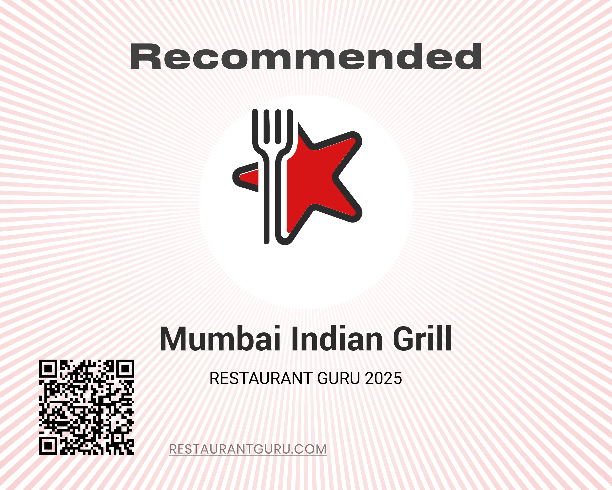 Recommended restaurant award for Mumbai Indian Grill