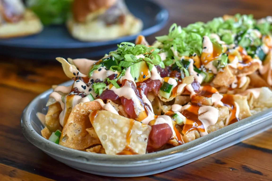Fusion nachos topped with spicy sauce and fresh greens