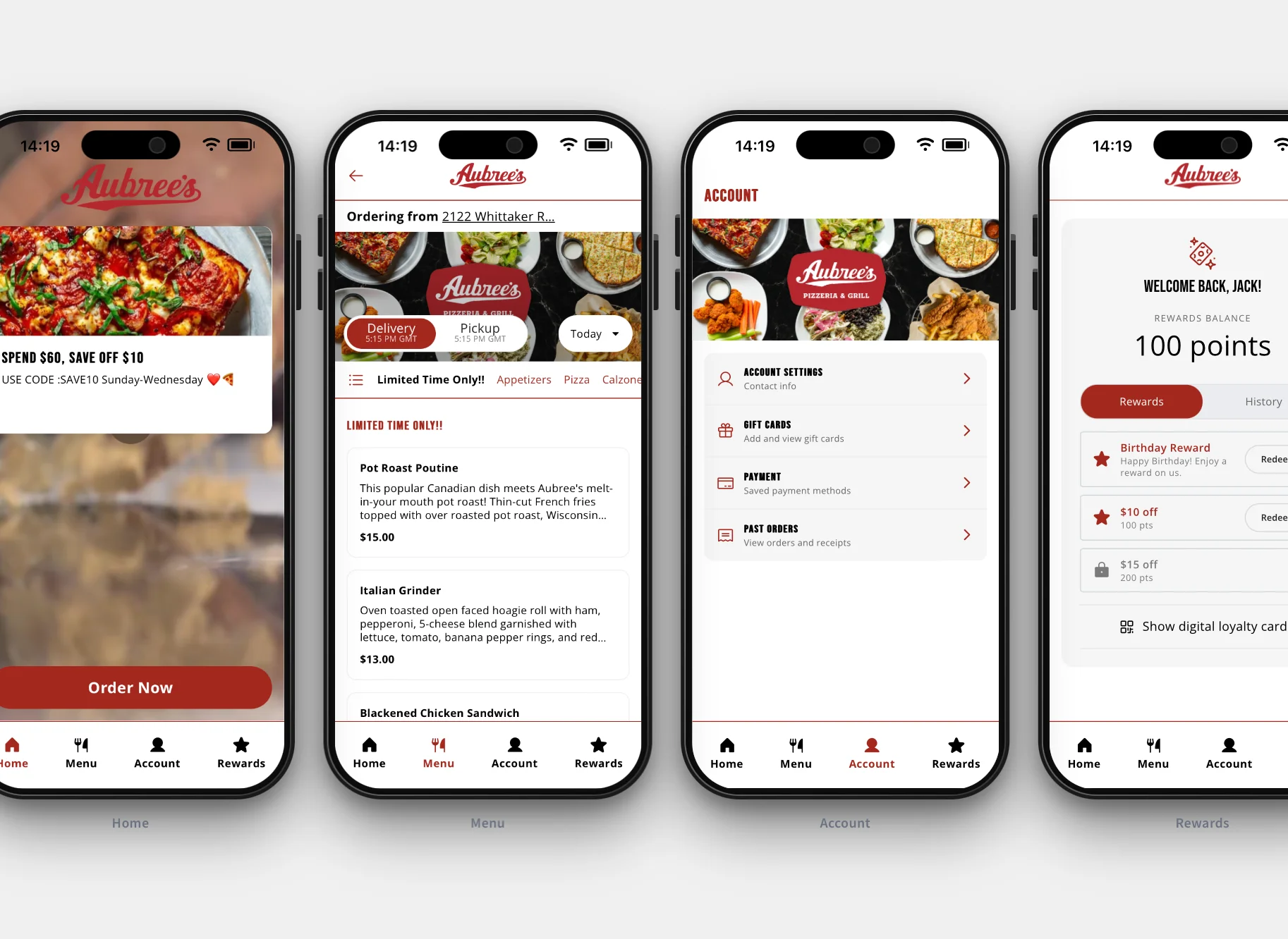 Aubree's restaurant mobile app interface showcasing menu and rewards
