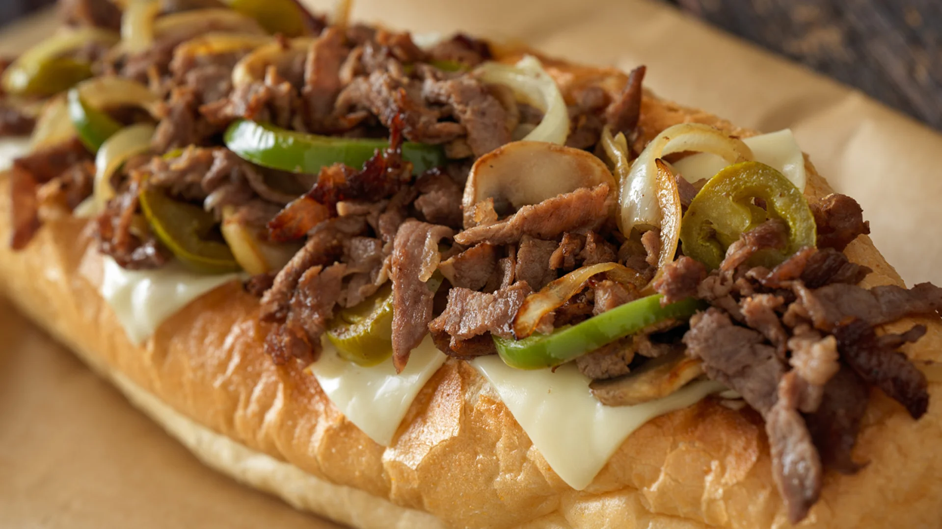 Steak Philly sandwich with thin-sliced steak, bacon, mushrooms, peppers, onions, and melted cheese on an Amoroso roll