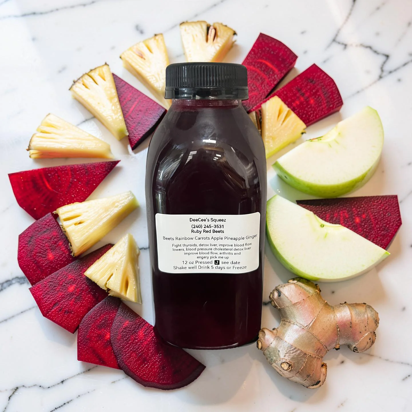 Freshly pressed beet juice with pineapple and ginger