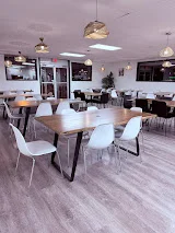 Modern restaurant interior with stylish seating and warm lighting