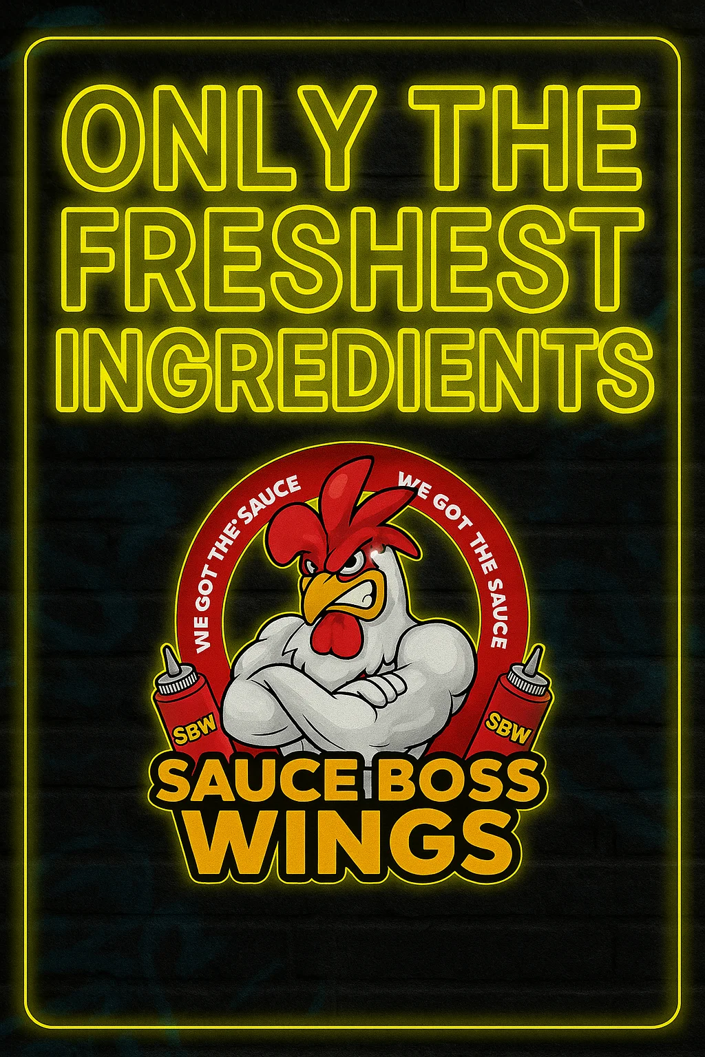 Sauce Boss Wings logo featuring a muscular chicken mascot