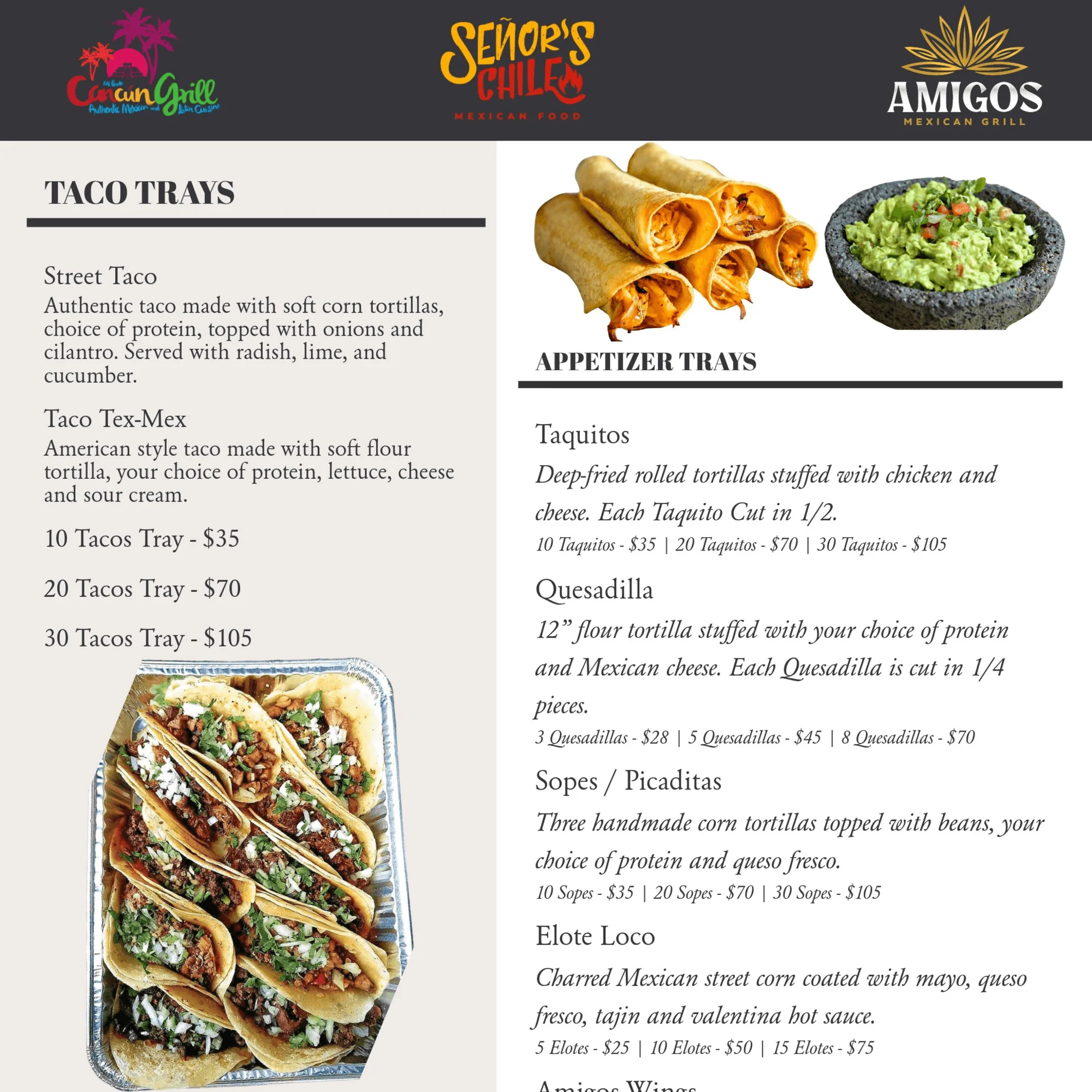 Assorted Mexican taco trays with street tacos and Tex-Mex style tacos