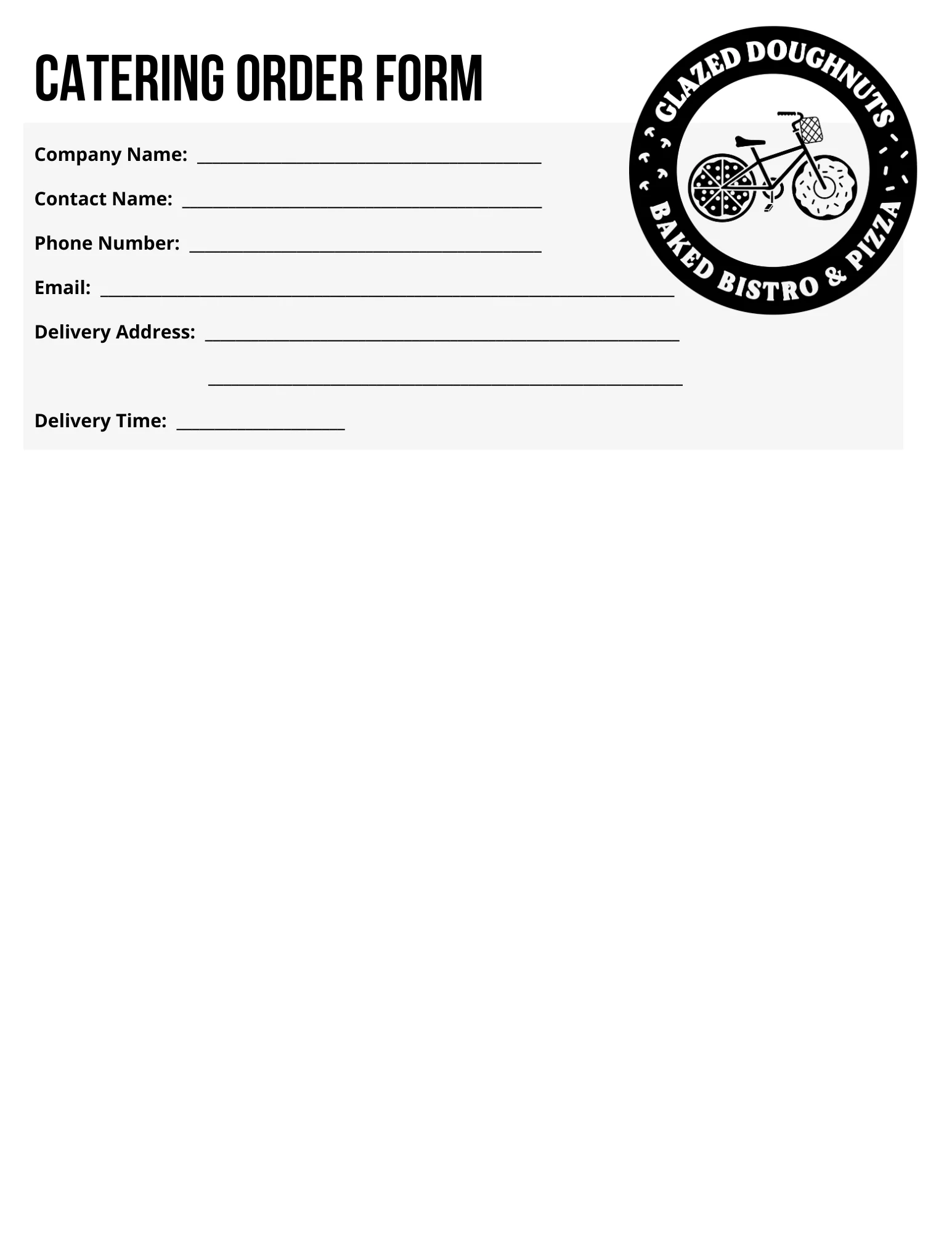 Catering order form for Glazed Doughnuts Bistro
