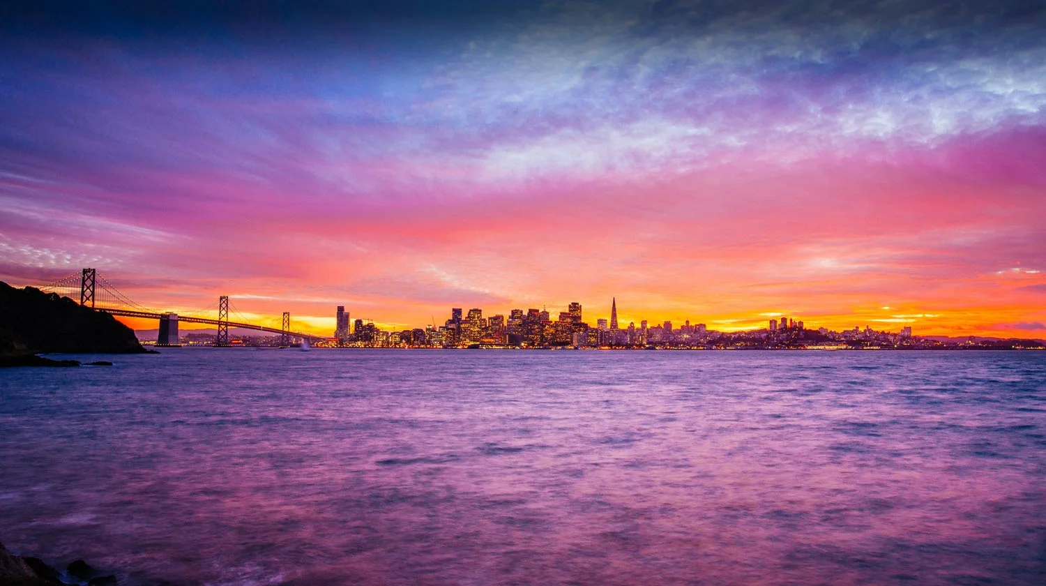 Stunning sunset over San Francisco skyline and Bay Bridge