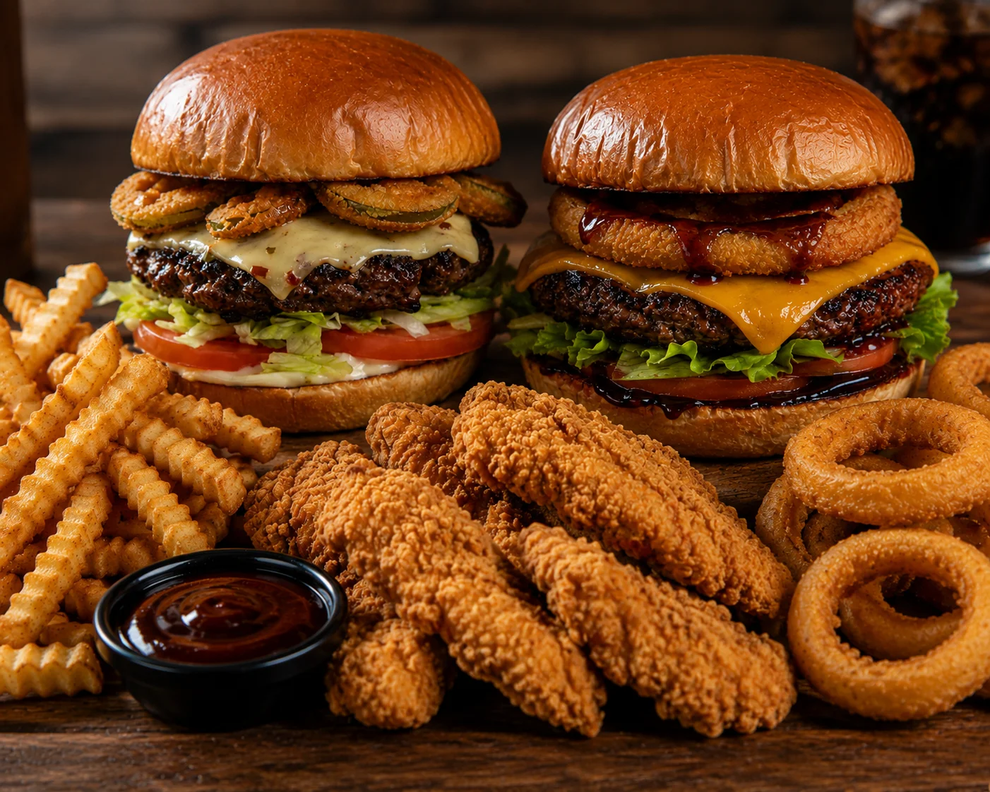 Delicious American burgers with fried chicken and crinkle-cut fries