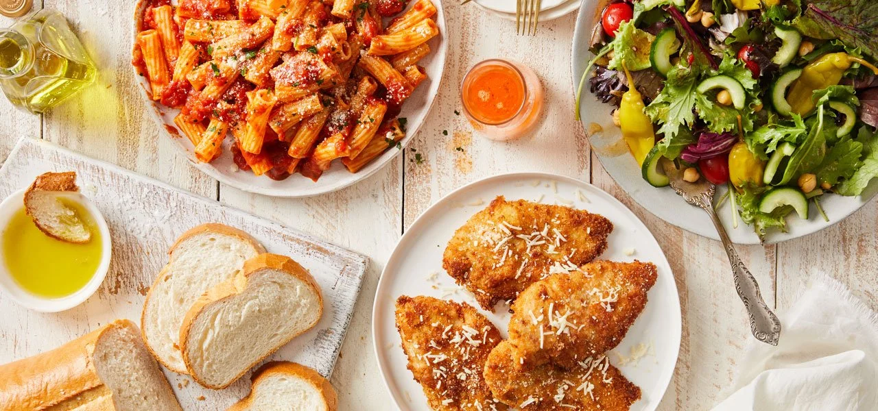 Italian rigatoni pasta with marinara sauce and crispy chicken cutlets