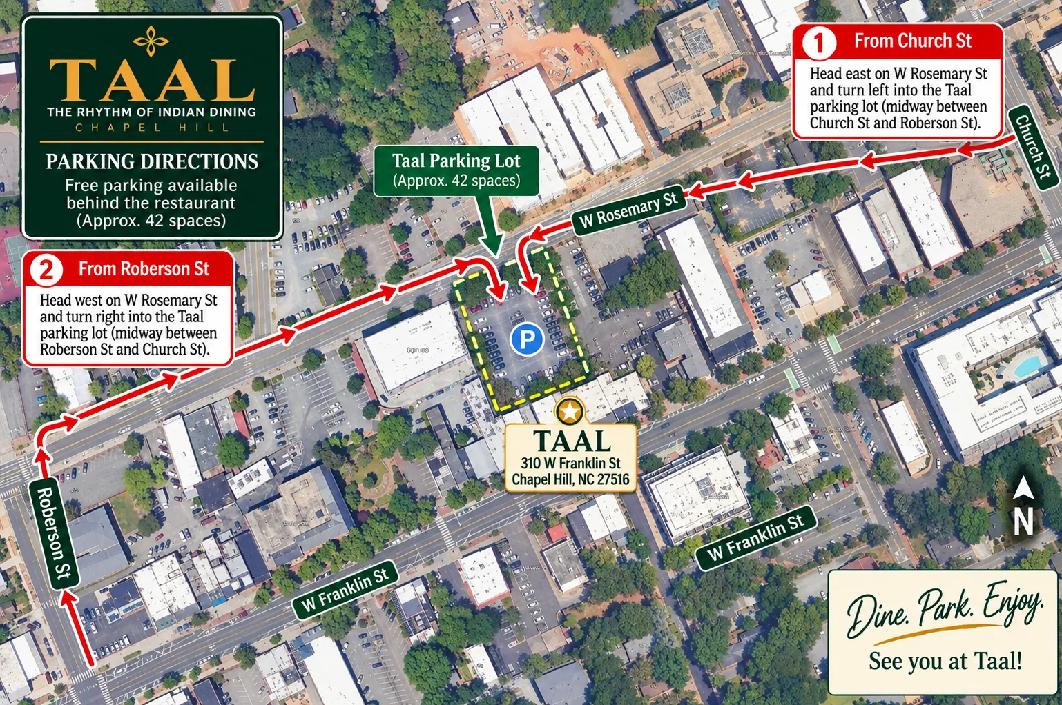 Parking directions map for Taal Indian restaurant in Chapel Hill