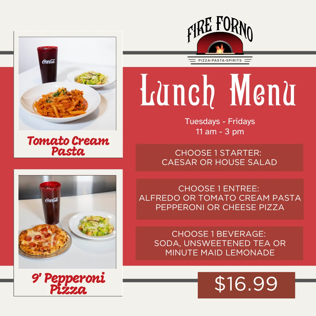 Lunch menu featuring tomato cream pasta and pepperoni pizza