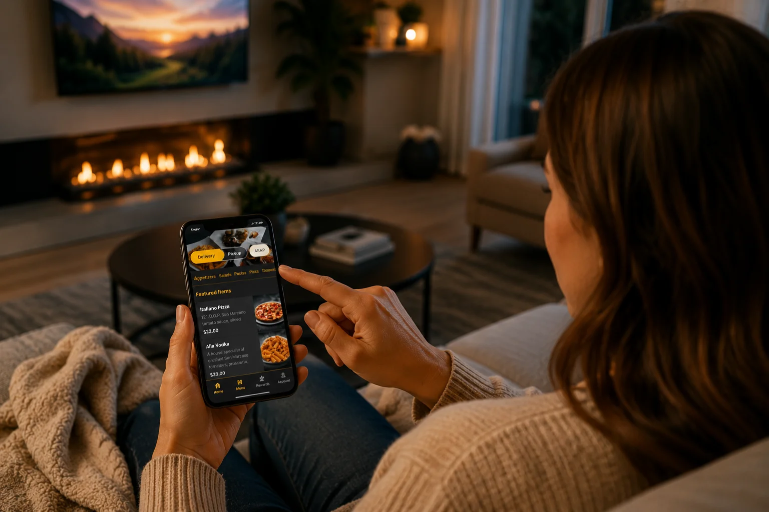 Person ordering Italian pizza on a smartphone in a cozy living room