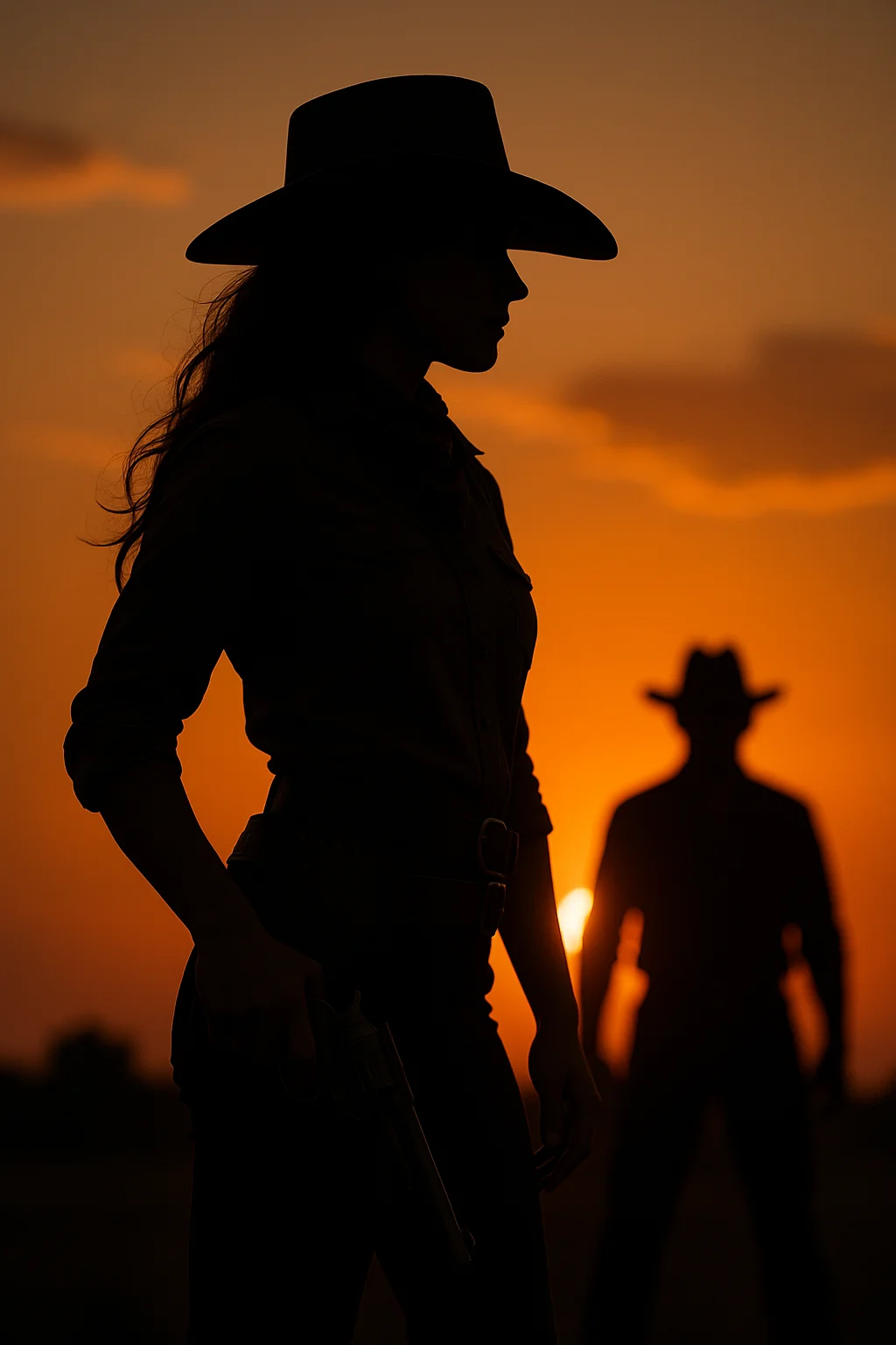 Silhouette of a cowgirl with a revolver at sunset