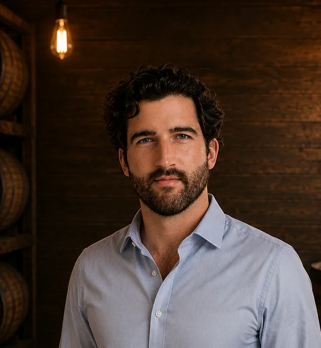 Smiling man in a restaurant with barrels in the background