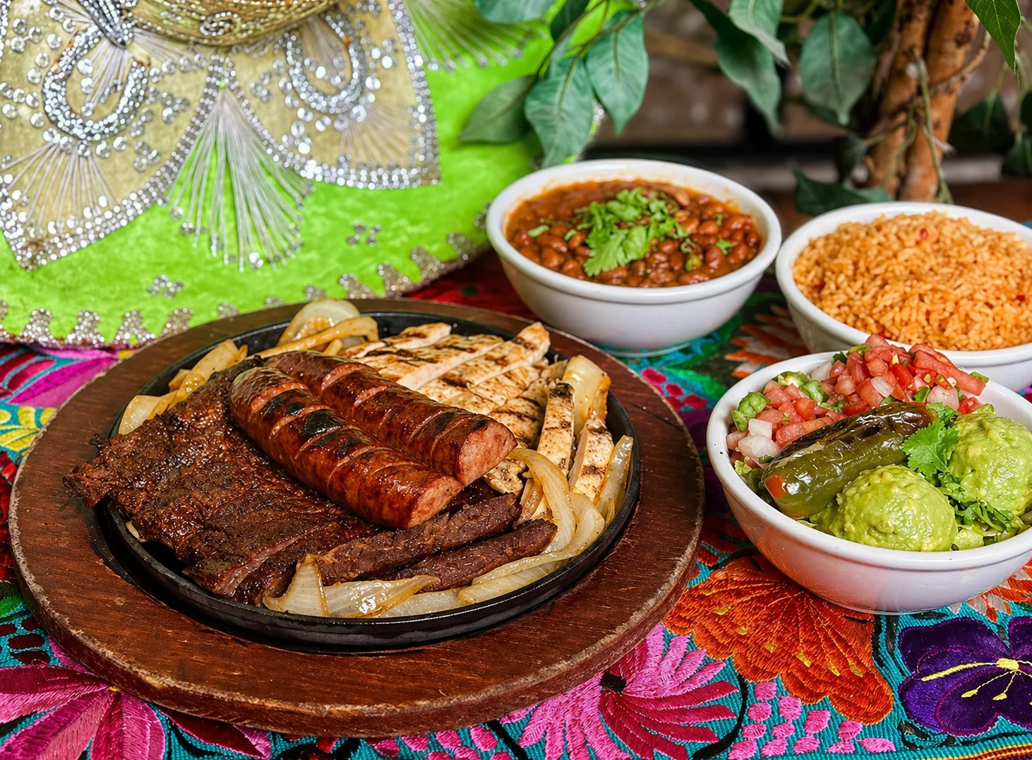 Sizzling Mexican fajitas with grilled meats and sides