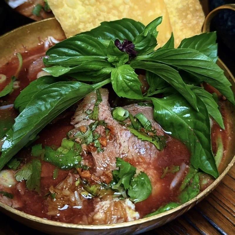 Bowl of Vietnamese bun bo hue with fresh herbs and beef