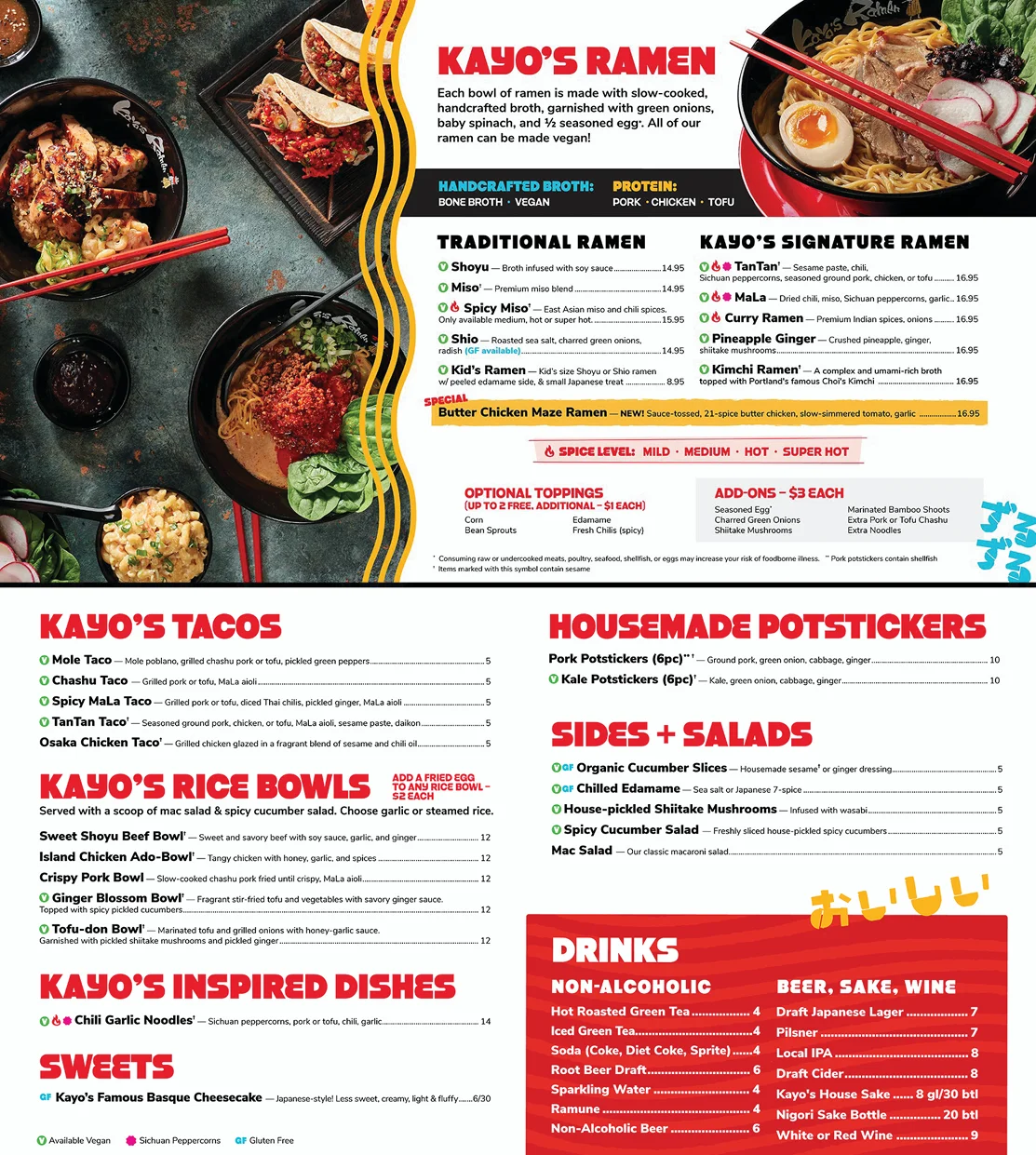 Japanese ramen menu featuring various styles and dishes