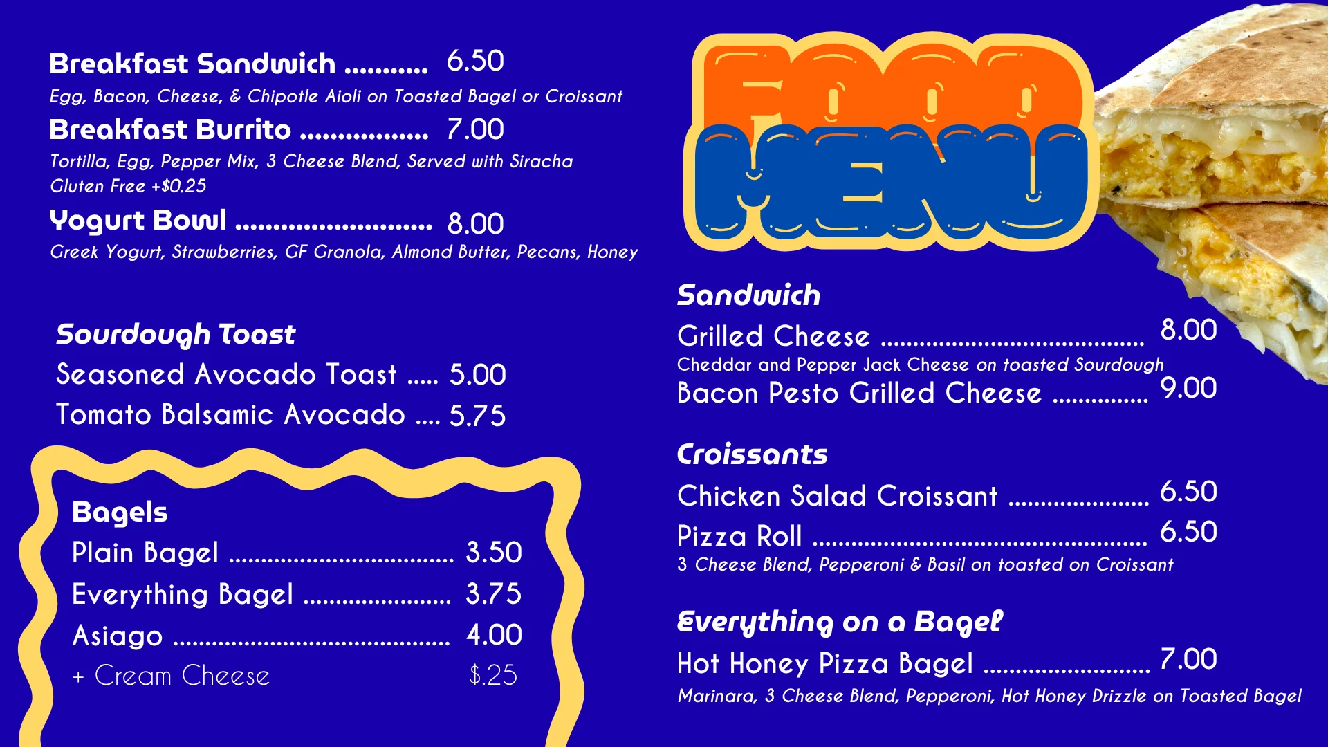 Menu screen displaying various food and drink options at a restaurant.