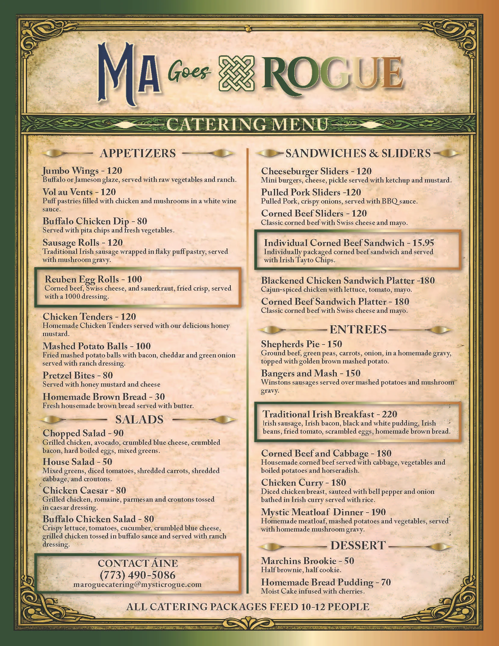 Catering menu featuring Irish and American dishes