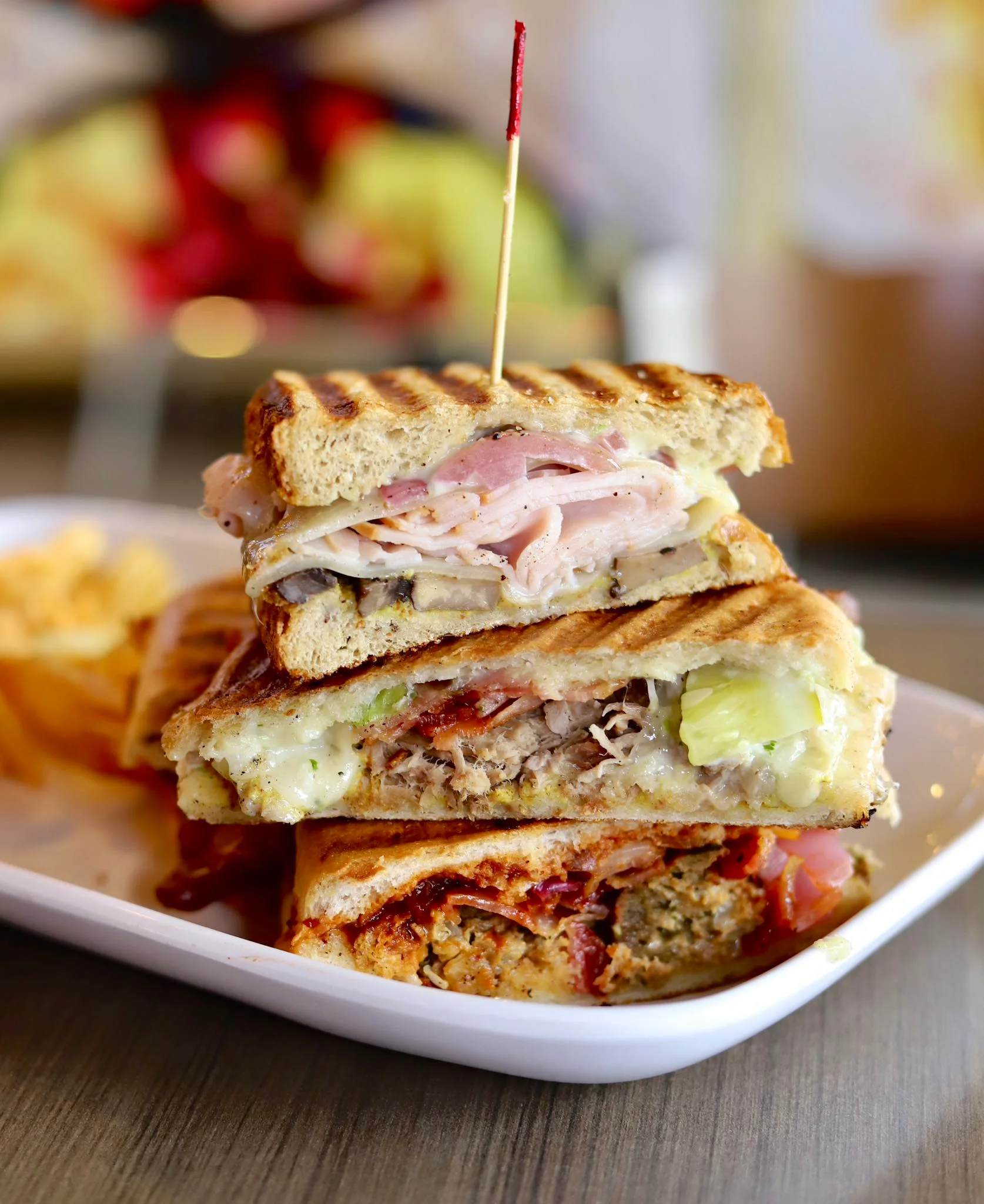 Stacked Cuban sandwiches with grilled bread