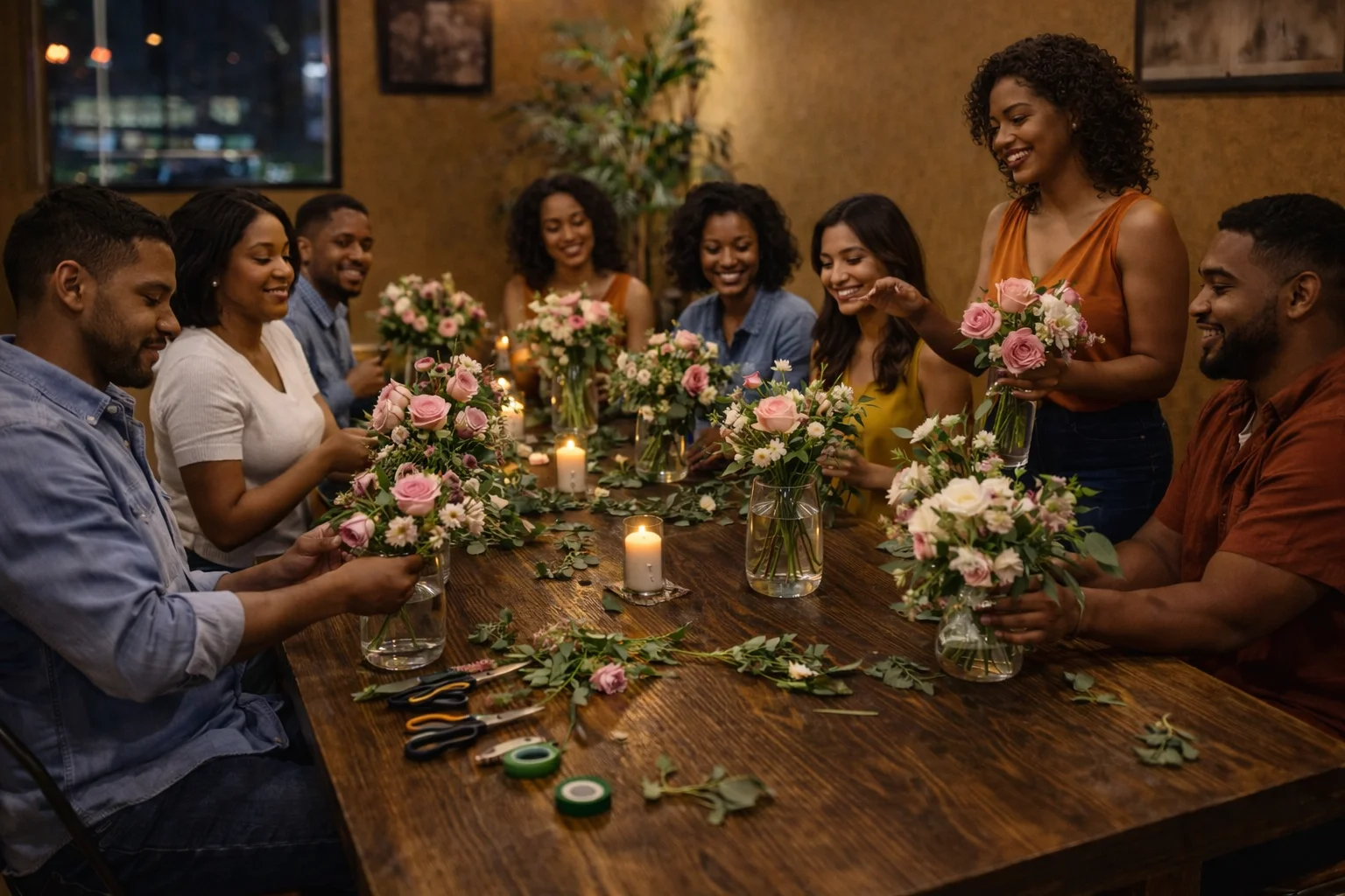 Group of friends arranging flower bouquets at a cozy table
