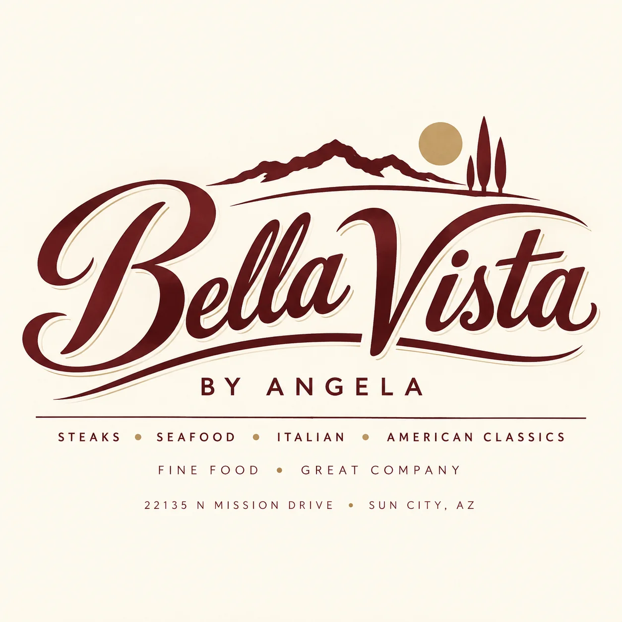A logo for a restaurant featuring elegant typography and illustrations representing scenic hills and a sun.
