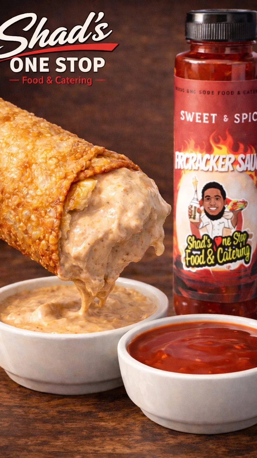 A crispy food item being dipped into a creamy sauce, accompanied by two bowls of different sauces.