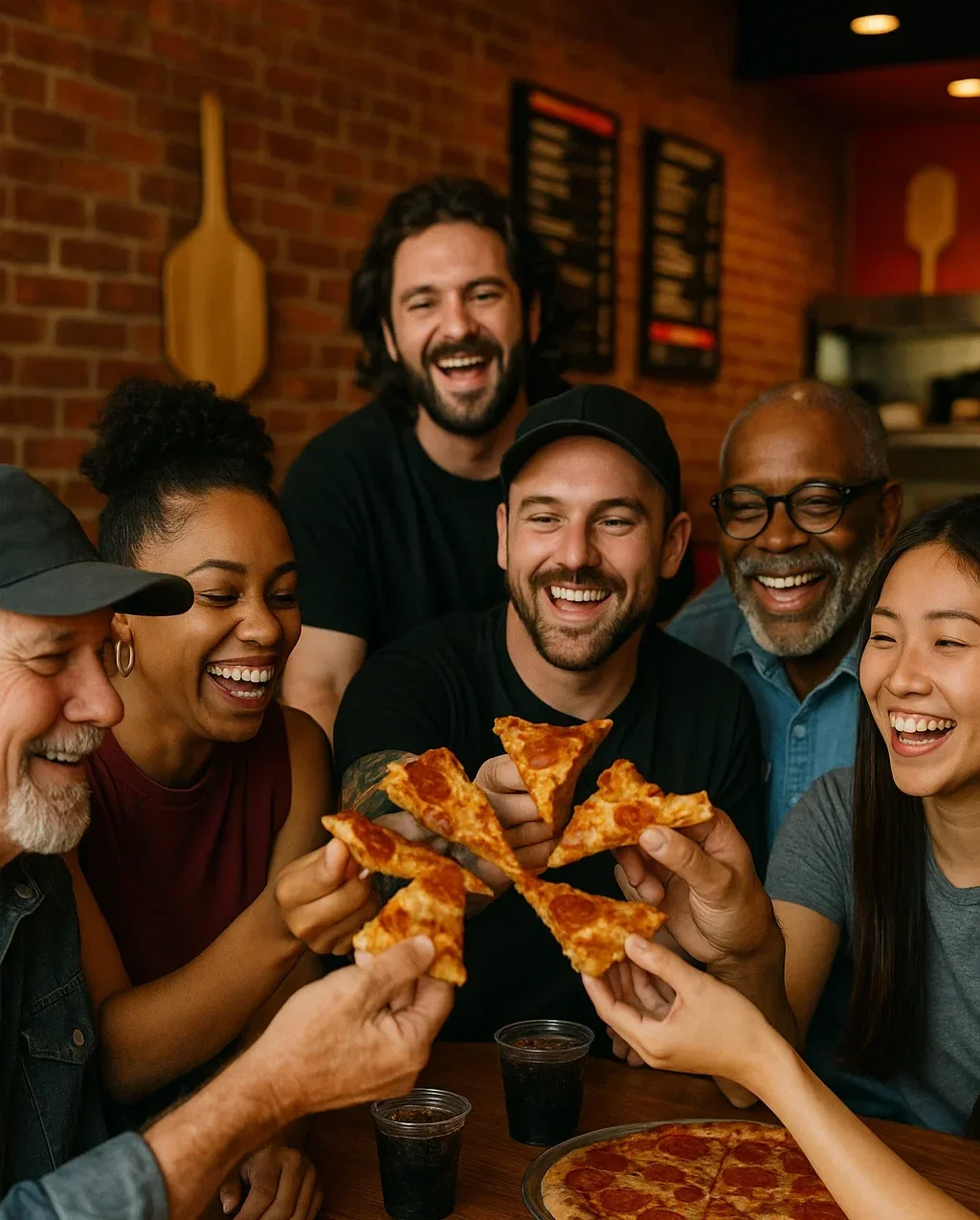 Group of friends enjoying pepperoni pizza in a cozy restaurant