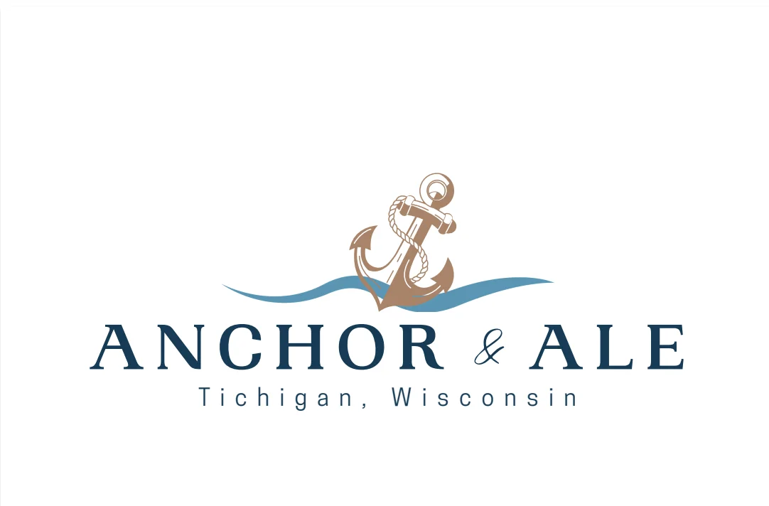 A logo design showcasing an anchor and waves with the text 'ANCHOR & ALE', highlighted by a beige and blue color palette.