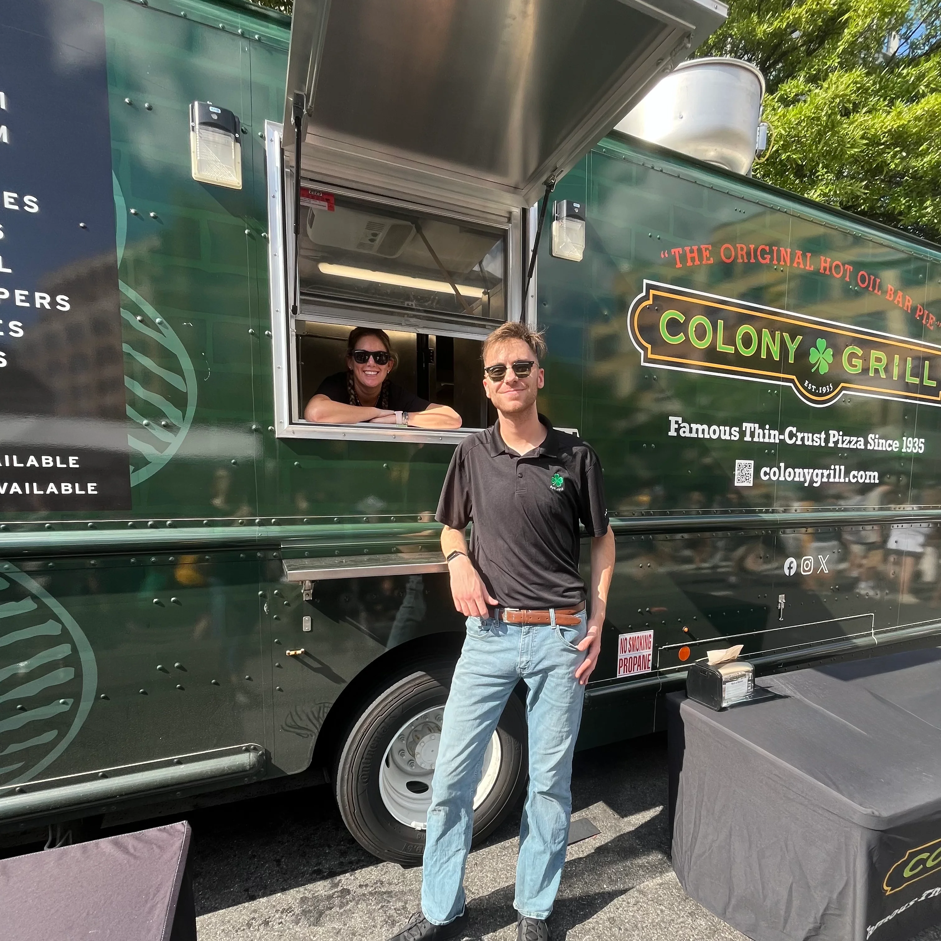 Food truck serving famous thin-crust pizza