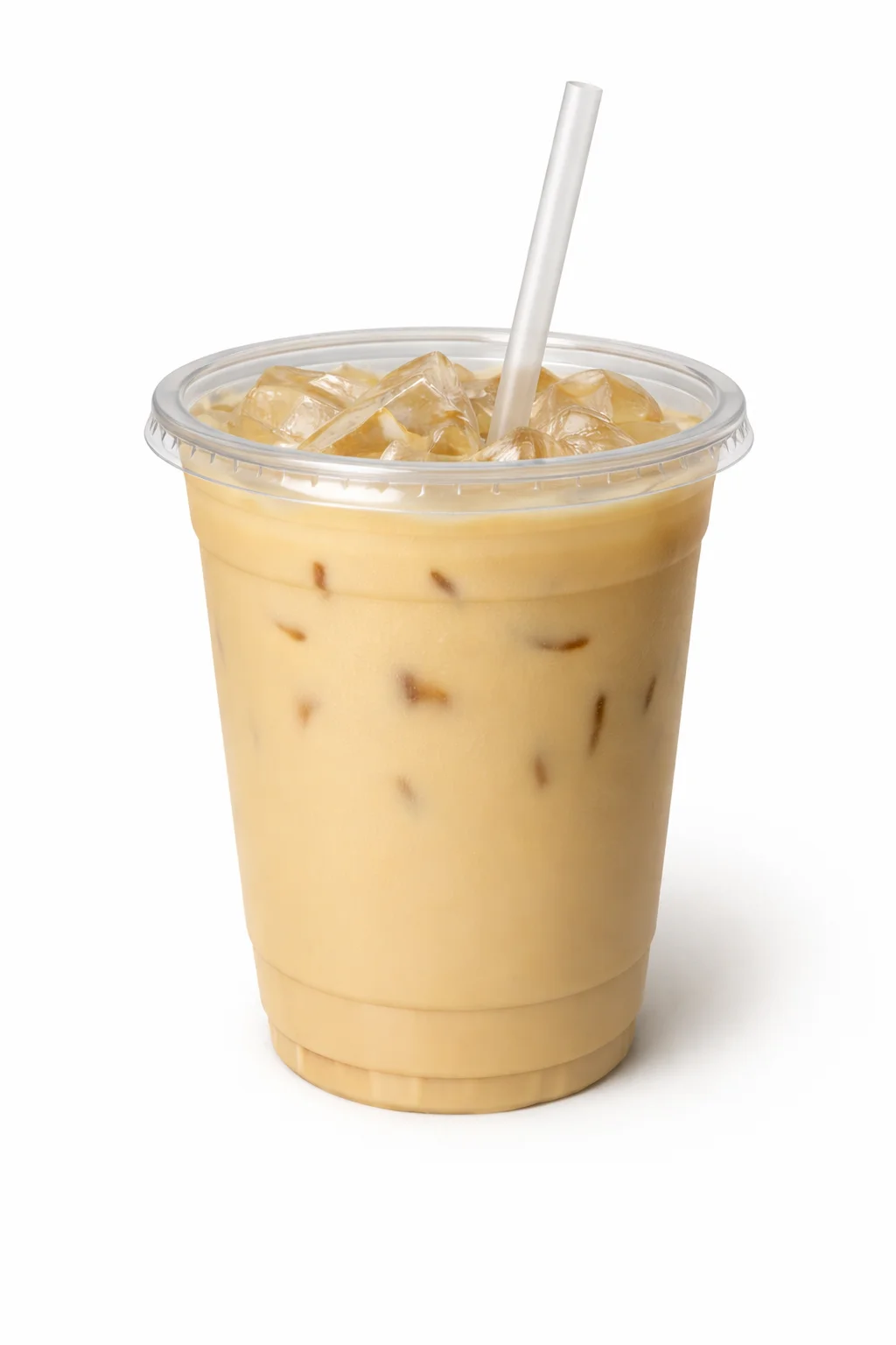 A cup of iced coffee with visible ice cubes and a clear straw, perfect for a refreshing boost.